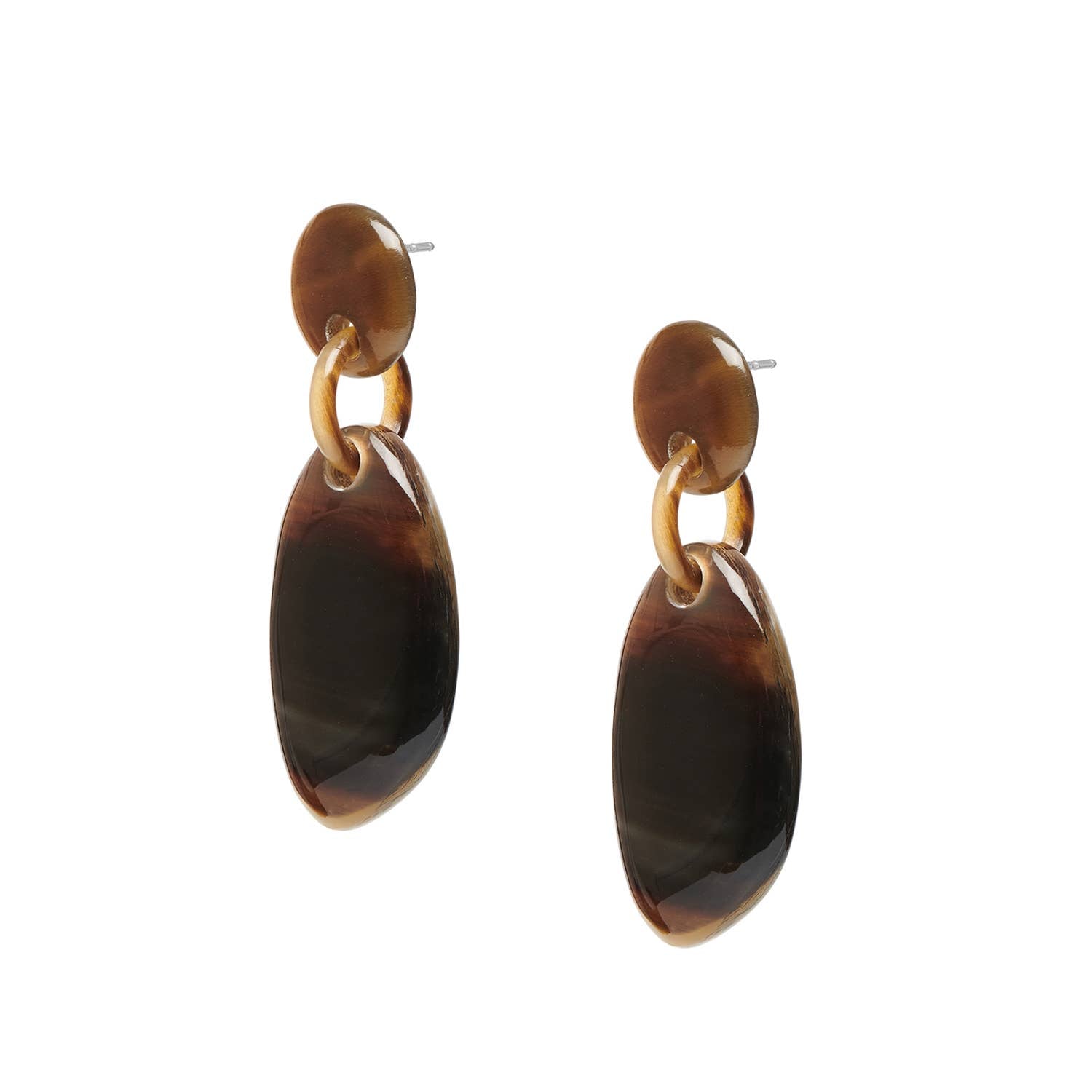 Tortoiseshell glossy oval drop horn earrings with gold accents