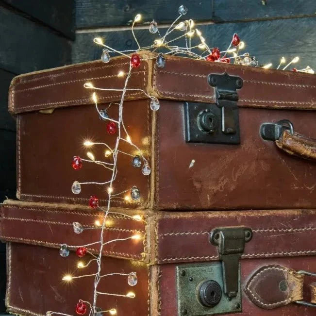 Delicate fairy lights with red and clear crystal beads on vintage leather suitcase