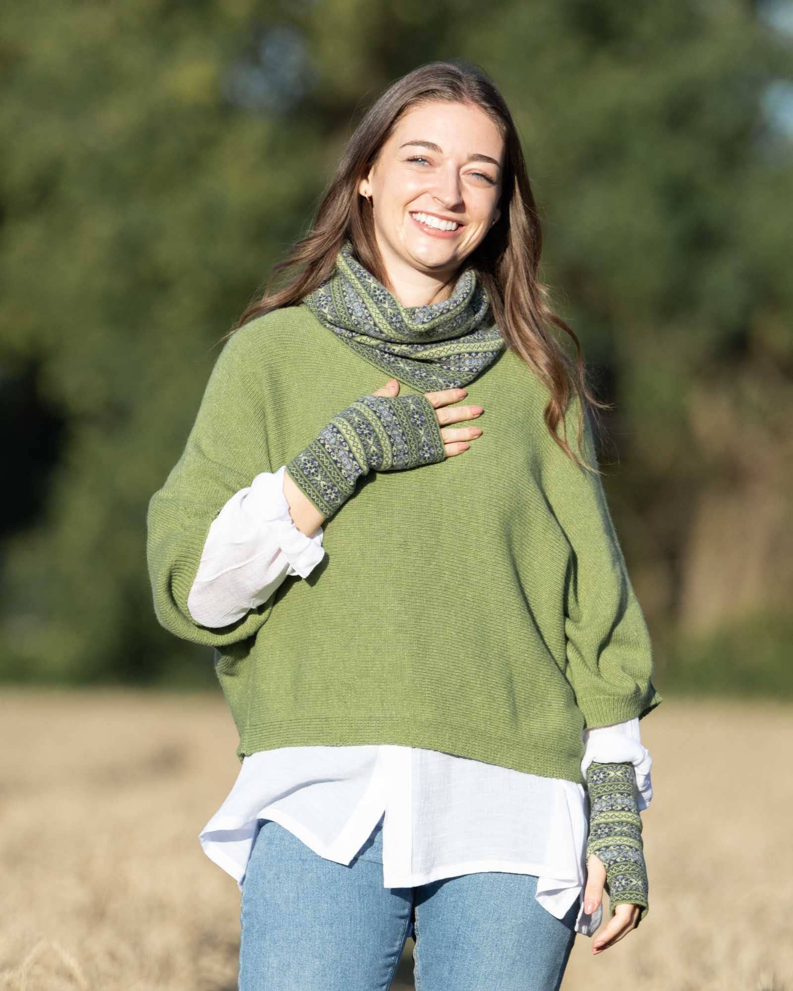 Cashmere Blend Fairisle Snood: Peacock Venetian Red and Mustard - ALL ITEMS - Scotland