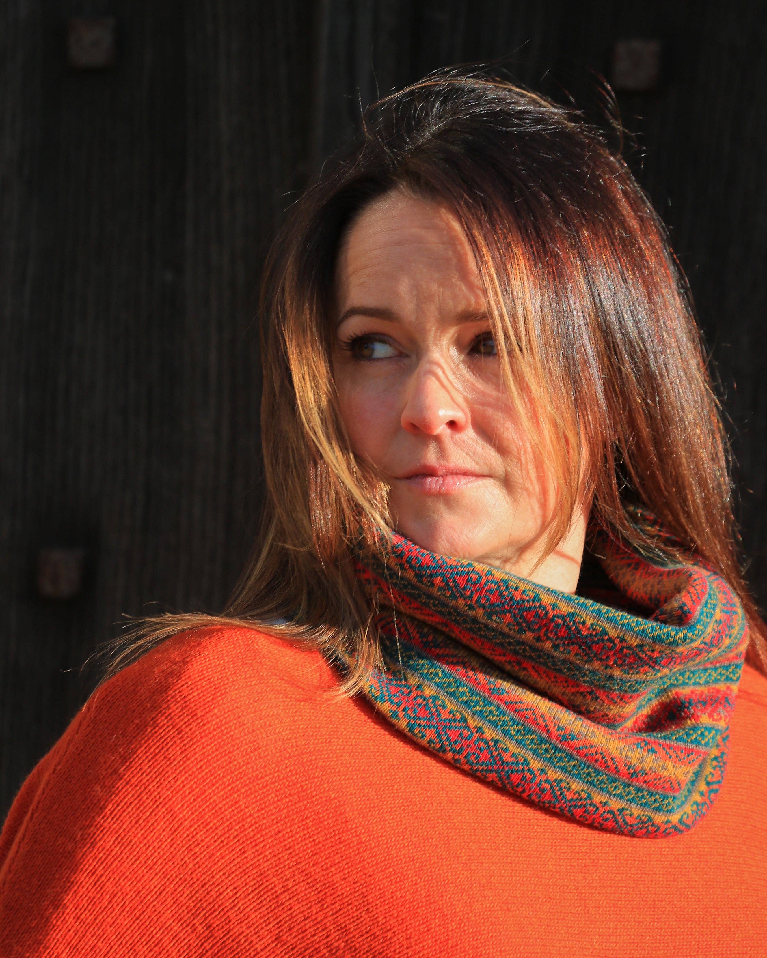 Cashmere Blend Fairisle Snood: Peacock Venetian Red and Mustard - ALL ITEMS - Scotland