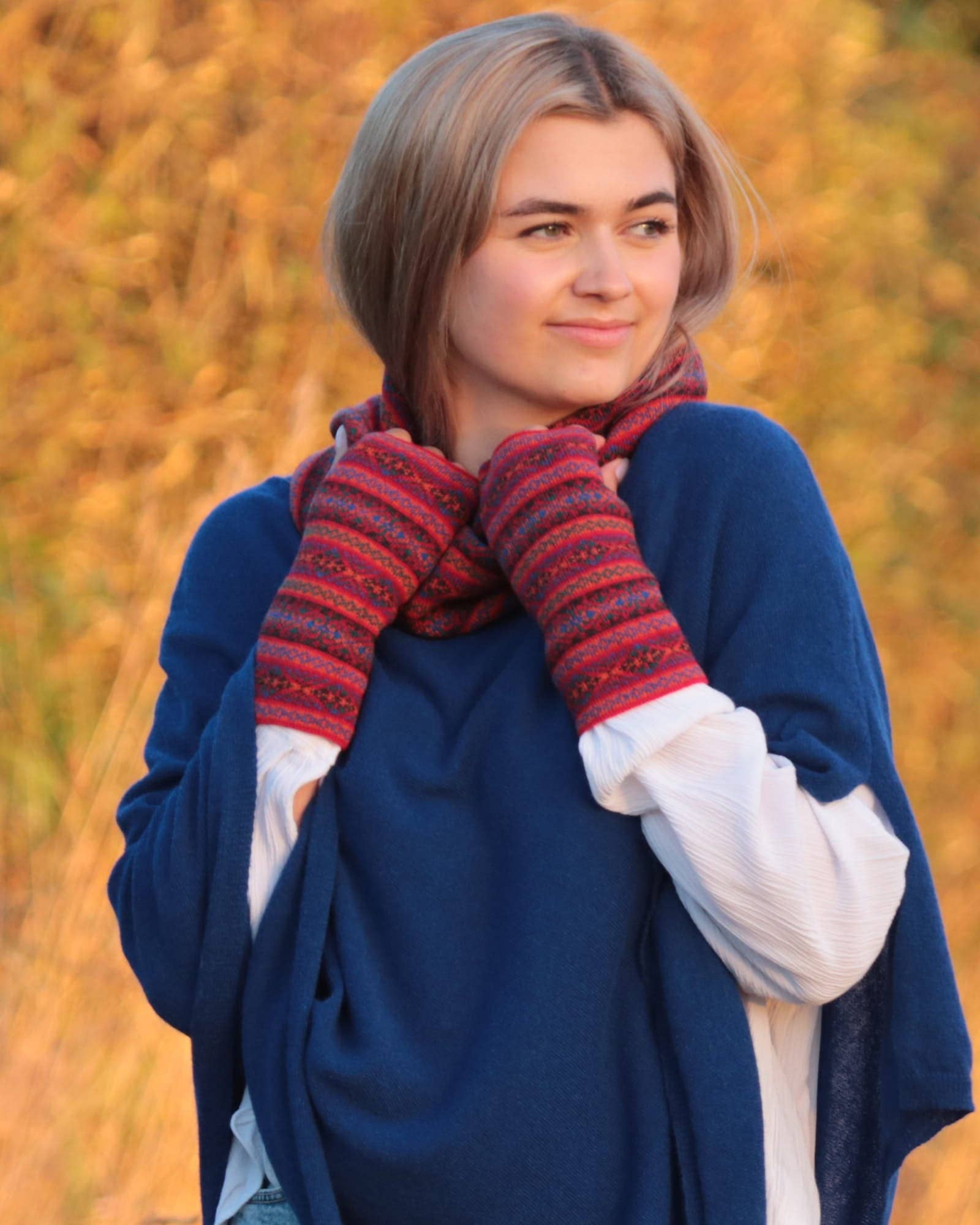 Cashmere Blend Fairisle Wrist Warmers: Peacock Venetian Red and Mustard - Gloves - Scotland