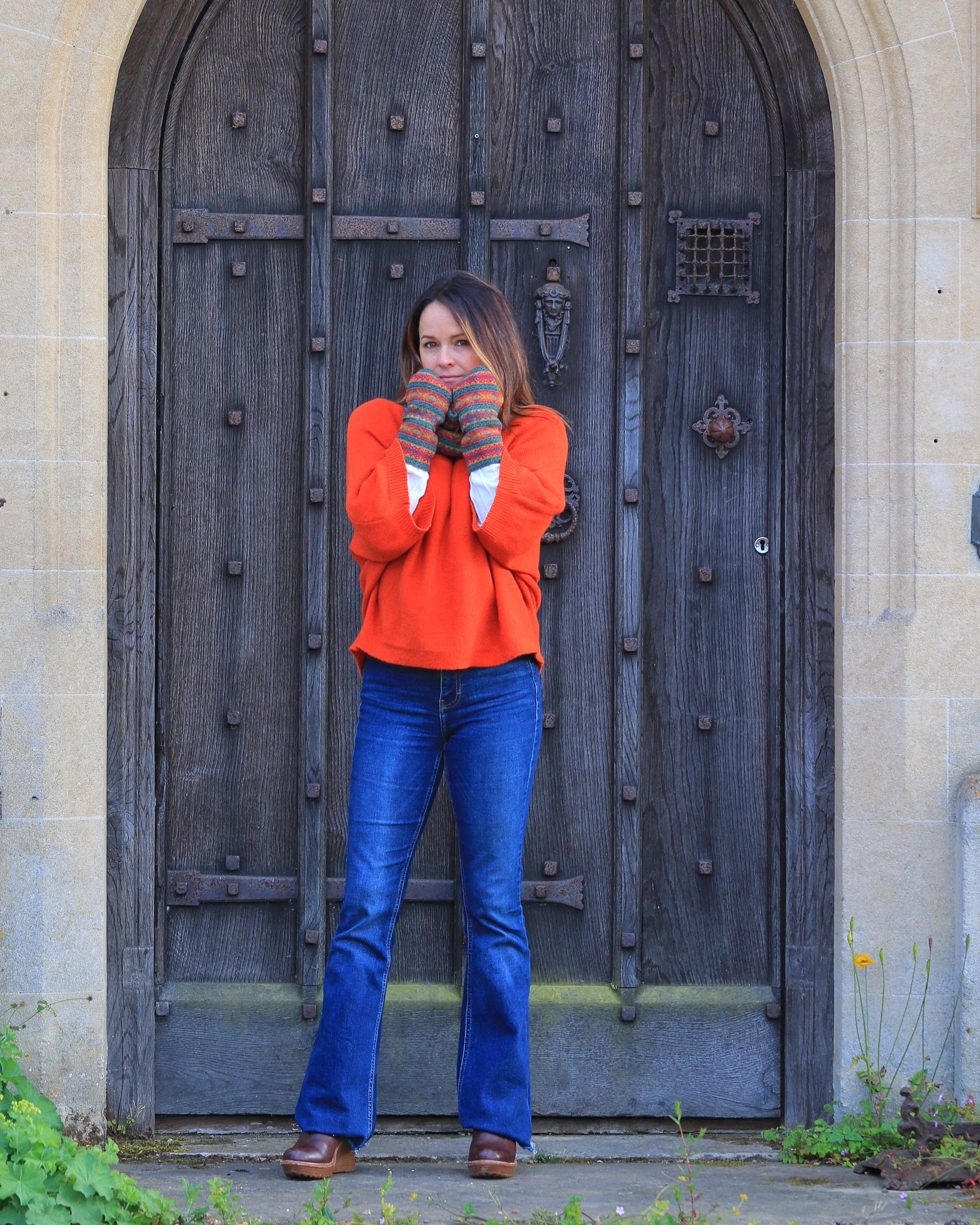Cashmere Blend Fairisle Wrist Warmers: Peacock Venetian Red and Mustard - Gloves - Scotland