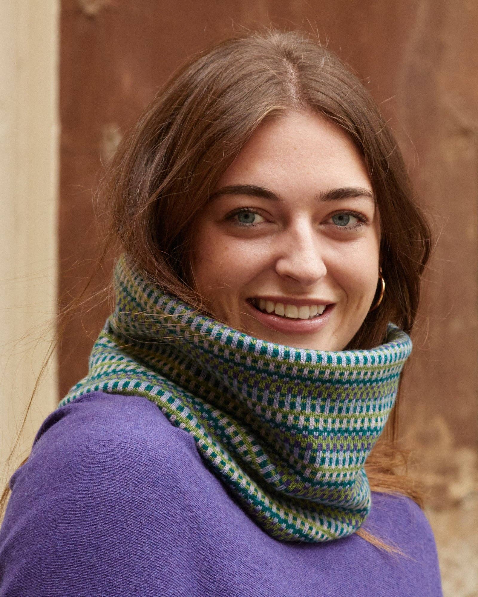 Cashmere Blend Geo Snood: Royal Blue and Burnt Orange Denim - ALL ITEMS - Scotland