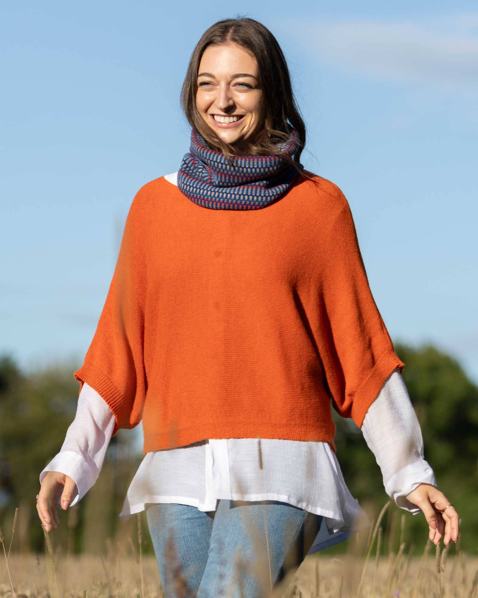 Cashmere Blend Geo Snood: Royal Blue and Burnt Orange Denim - ALL ITEMS - Scotland