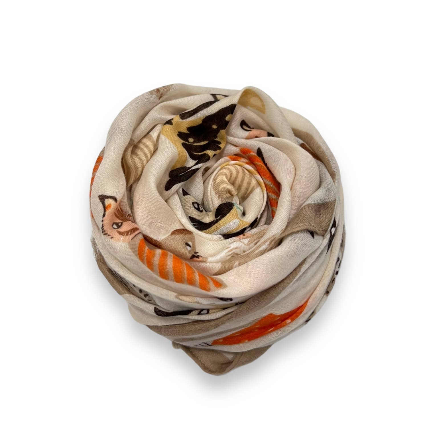 Beige cats wearing hats print scarf with cream base and orange black cartoon animals