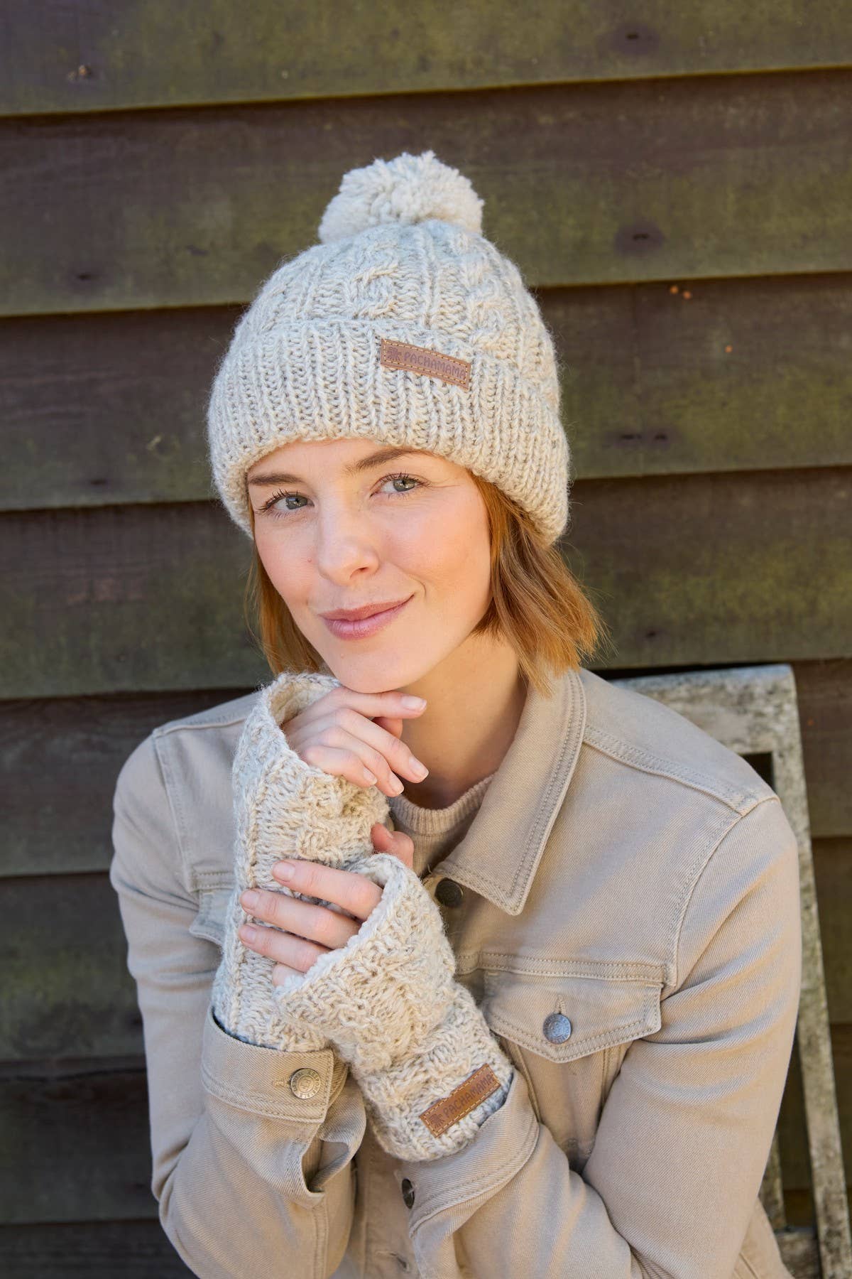 Chamonix - Cable Knit Sherpa Lined Wool Winter Bobble Hat Oatmeal: Oatmeal