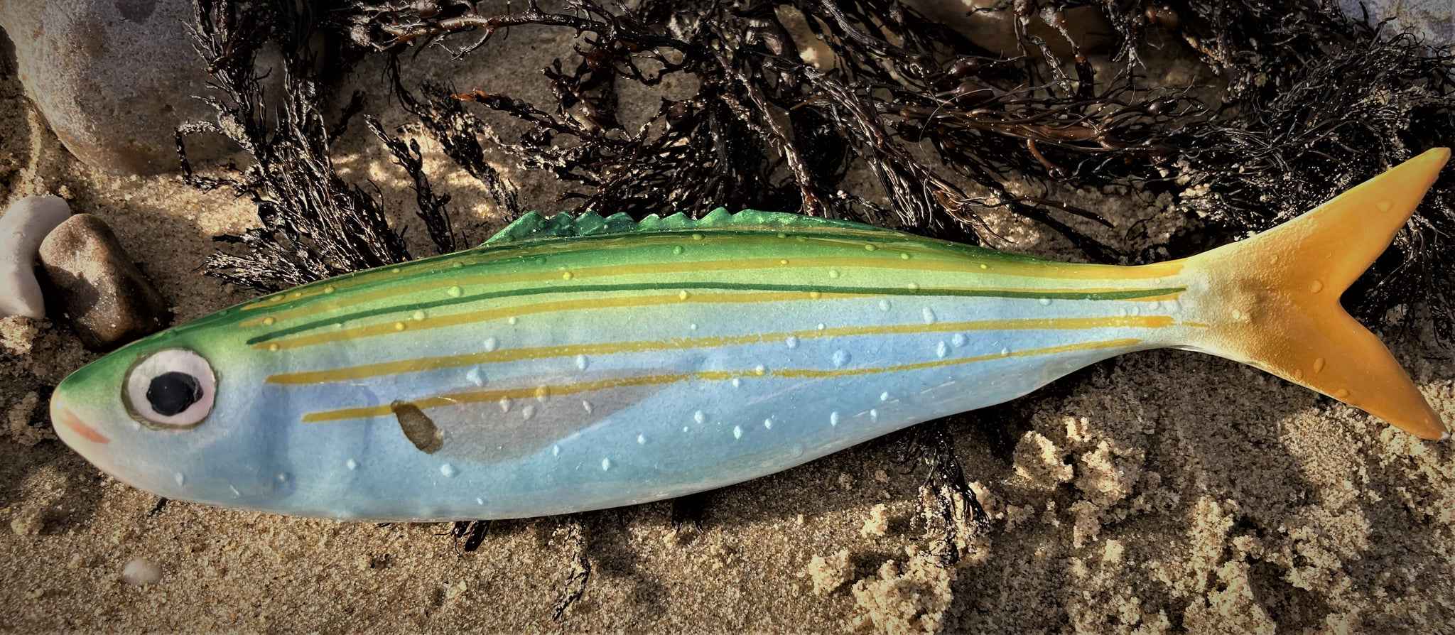 Vibrant hand-painted Ceramic Bogue Fish Wall Art with blue body, yellow stripes