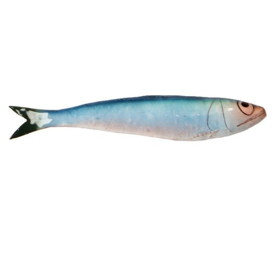 Sleek ceramic sardine wall art with blue-silver gradient and black tail fin