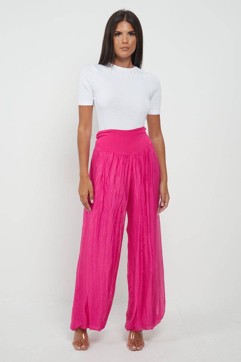 Italian Ladies Plain Wide Leg Silk Palazzo Trouser: Navy / One Size (UK 10-16)