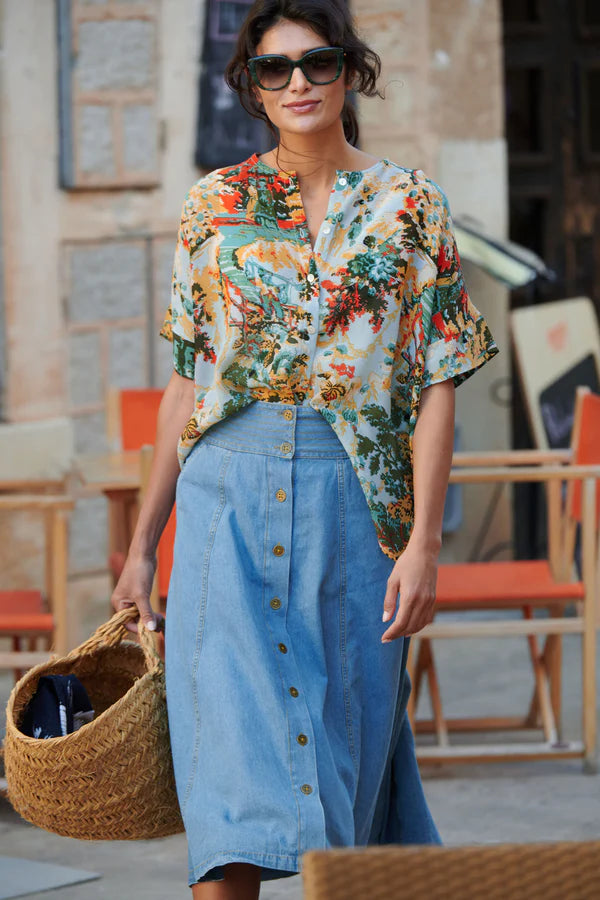 China Tree Aqua Tea Blouse M/L