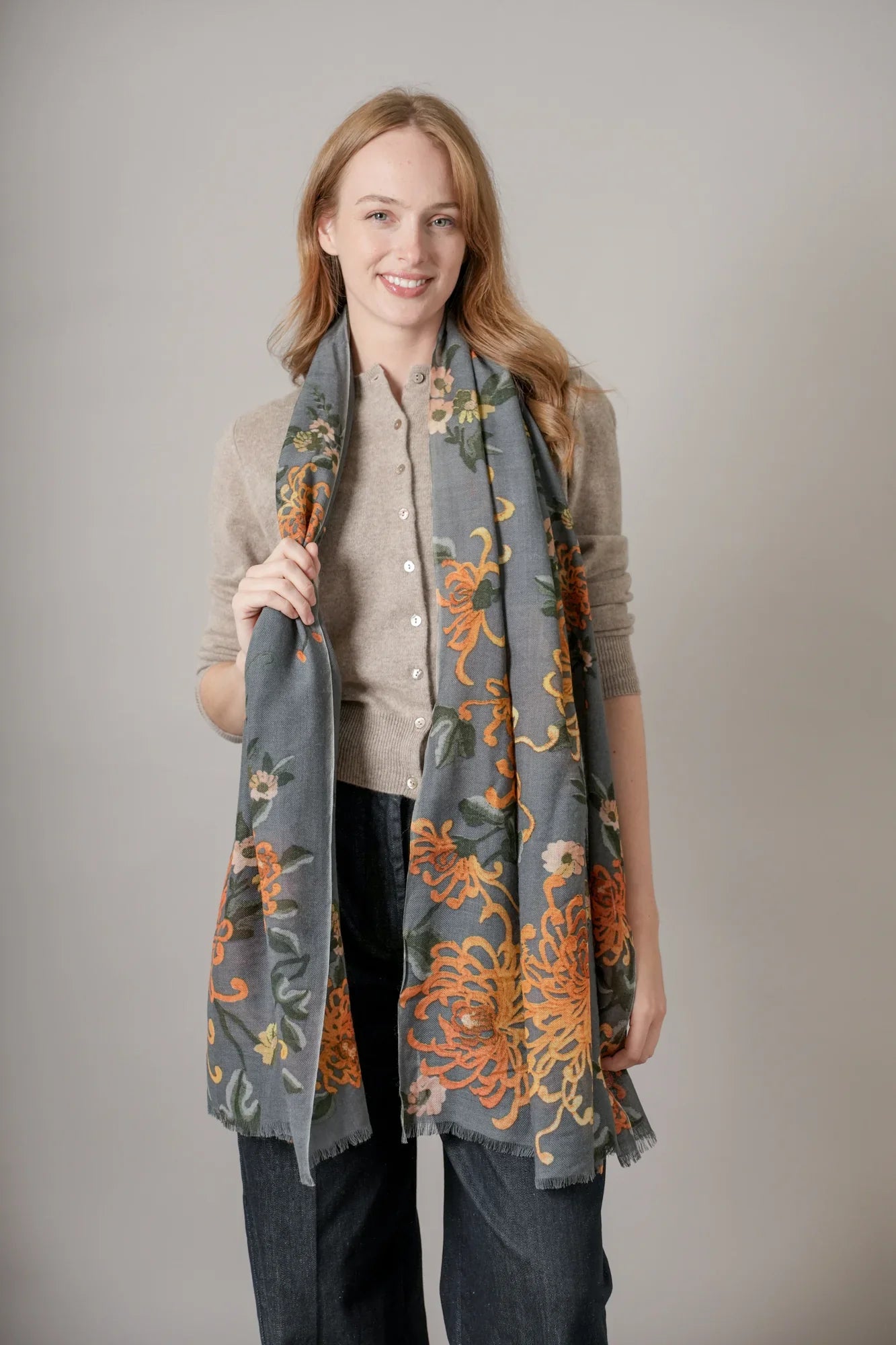 Chrysanthemum Grey Wool Scarf | The Nancy Smillie Shop - Art, Jewellery & Designer Gifts Glasgow Scotland