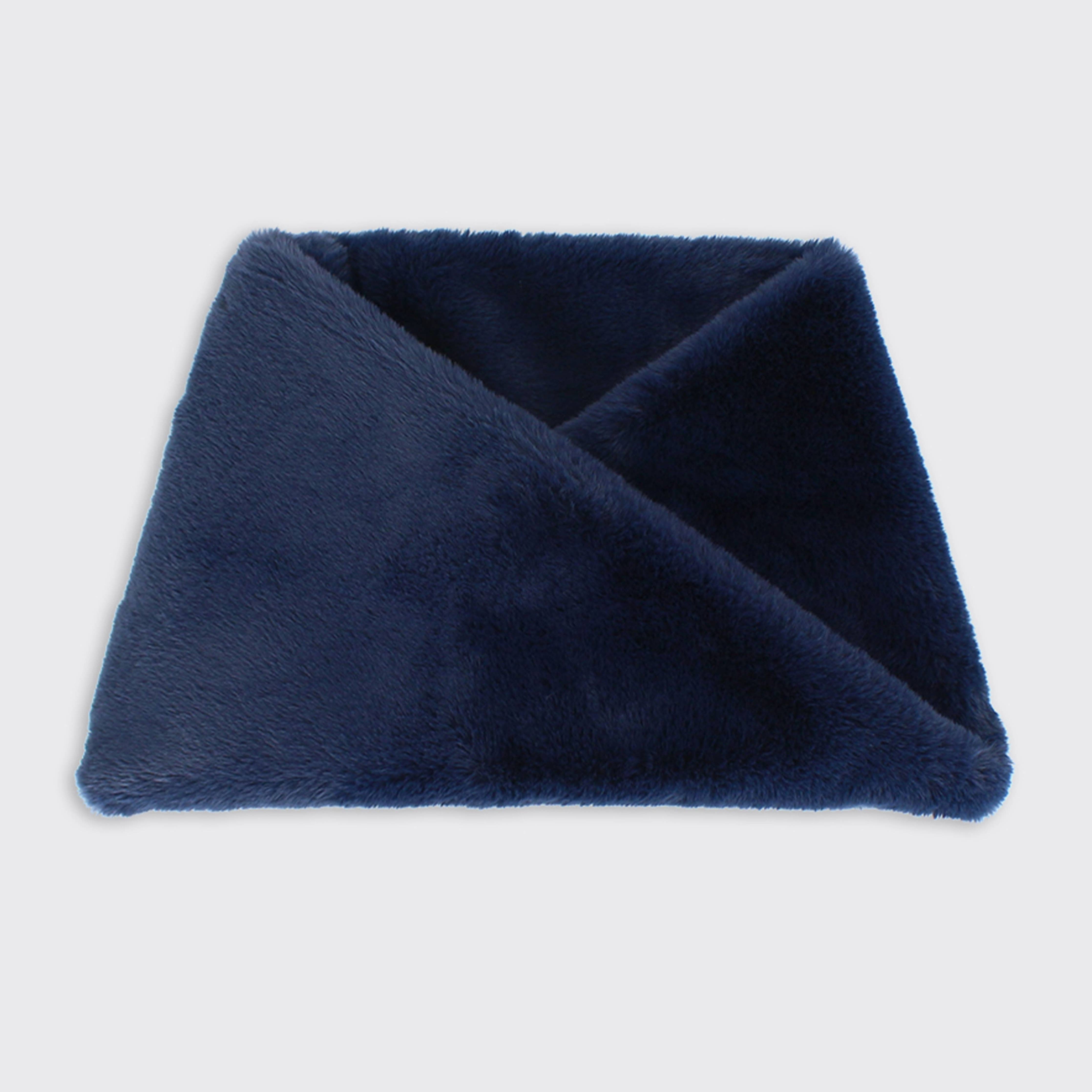 Deep navy faux fur scarf with plush texture and folded design