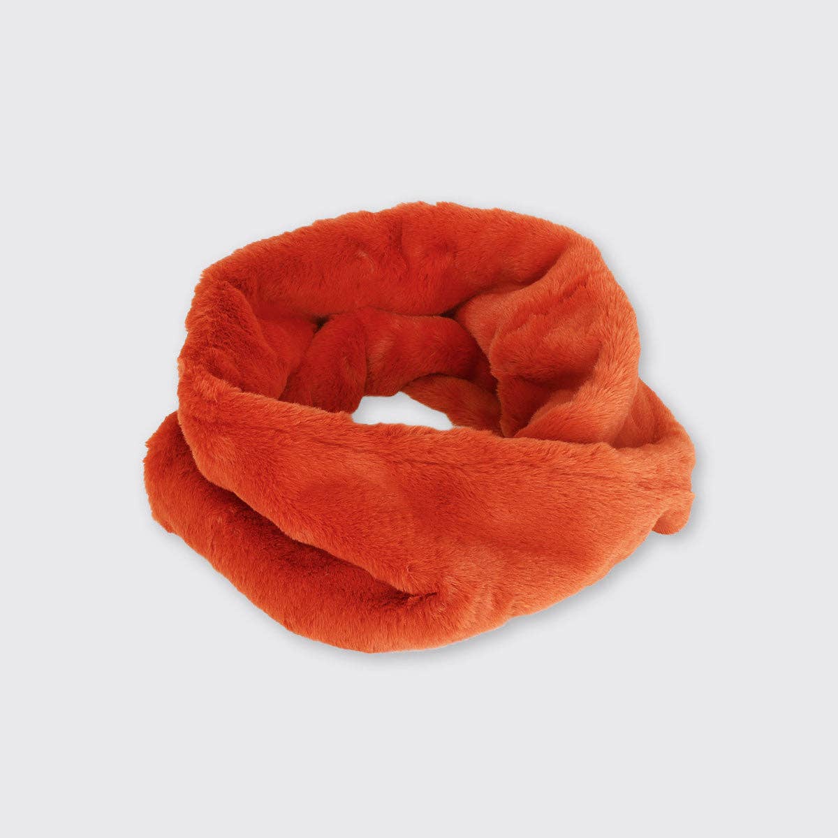 Cozy vibrant orange faux fur infinity scarf in navy blue snood