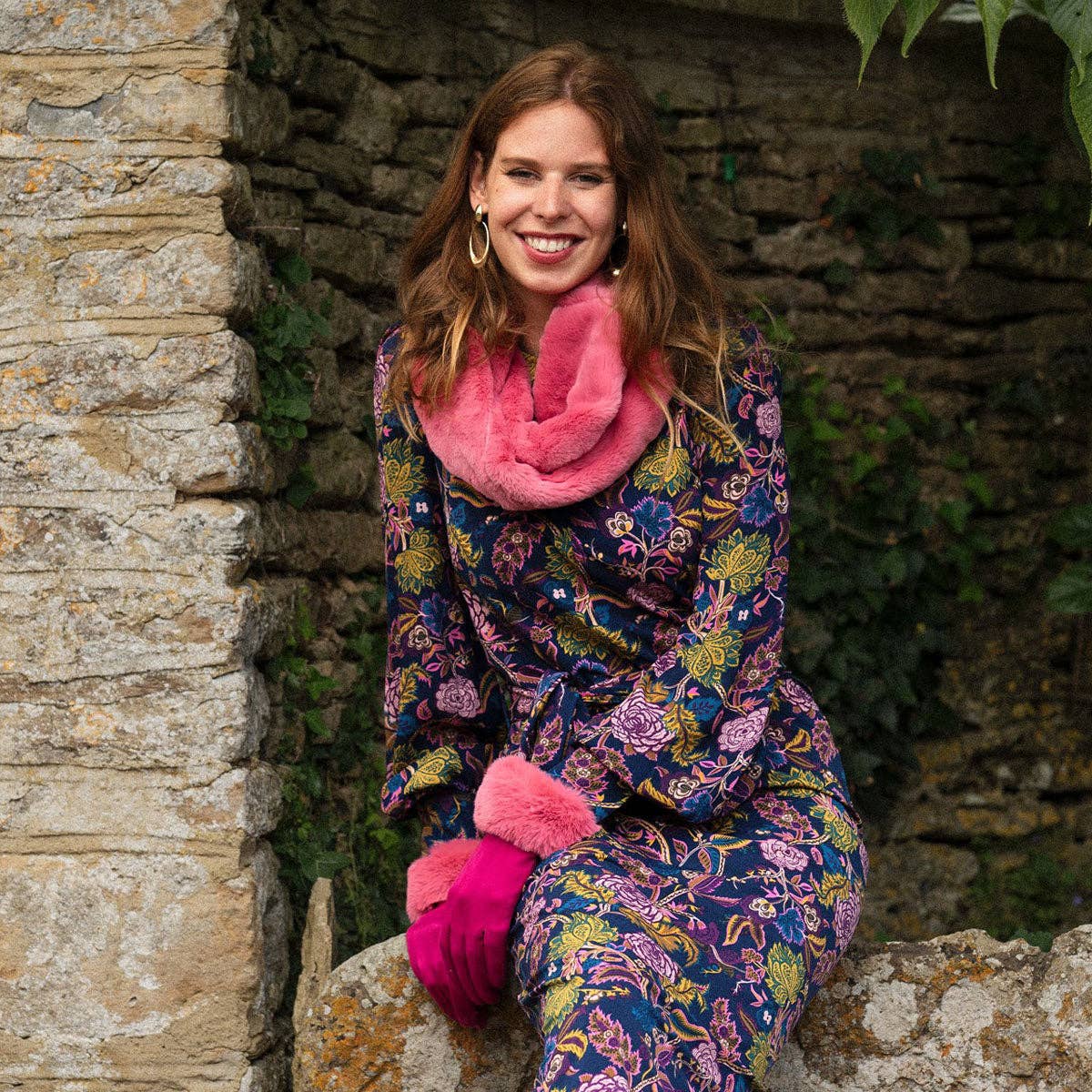 Vibrant pink faux fur cowl scarf in plush navy blue snood