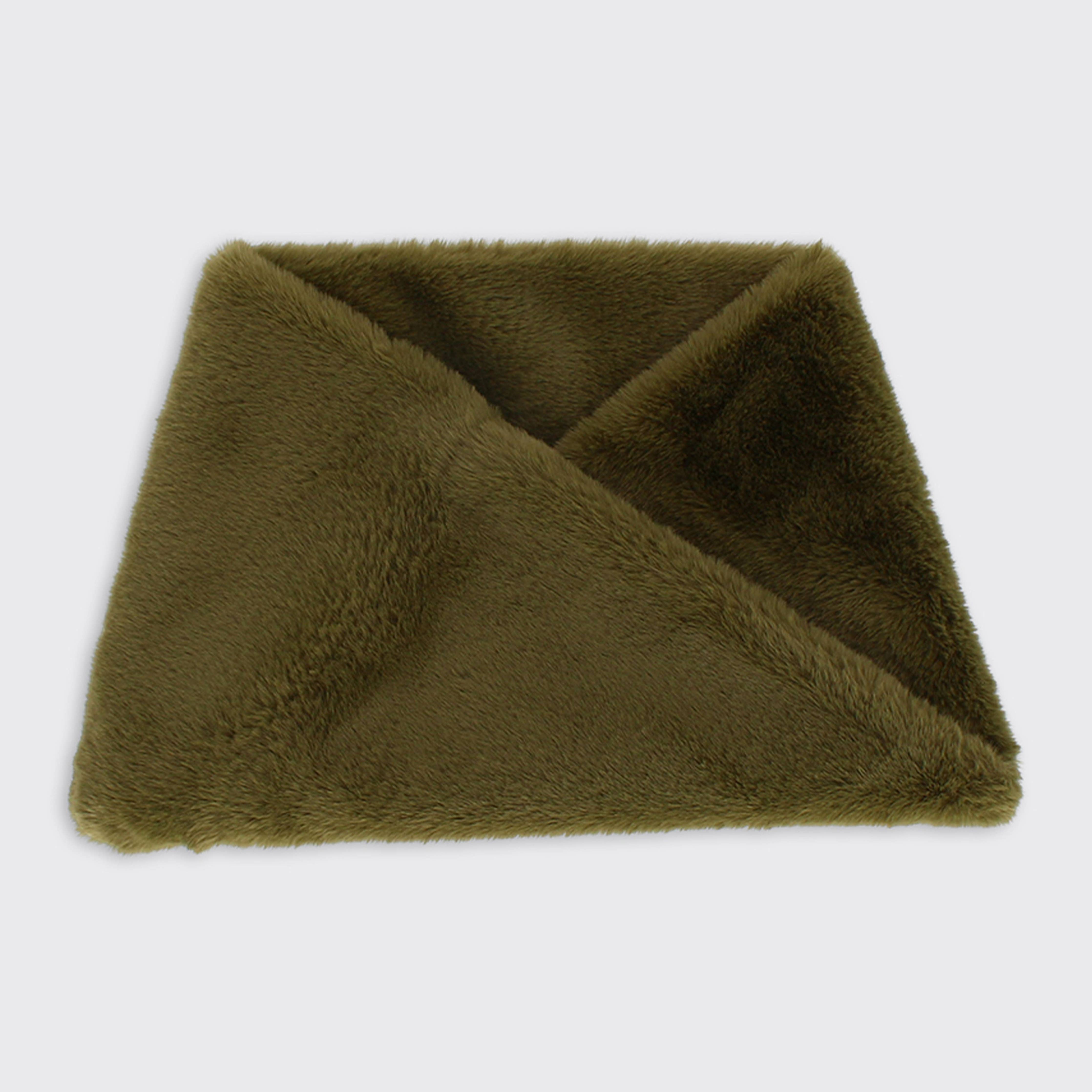 Olive green faux fur scarf with plush texture, folded edges