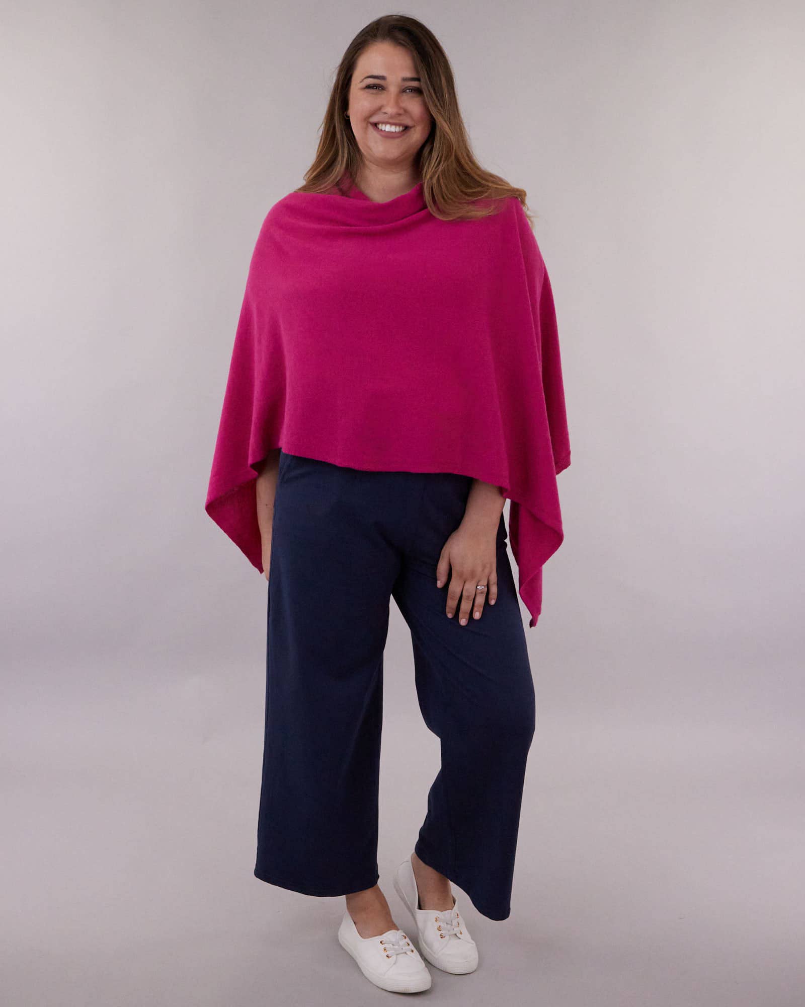 Vibrant fuchsia cashmere blend poncho with draped cowl neckline