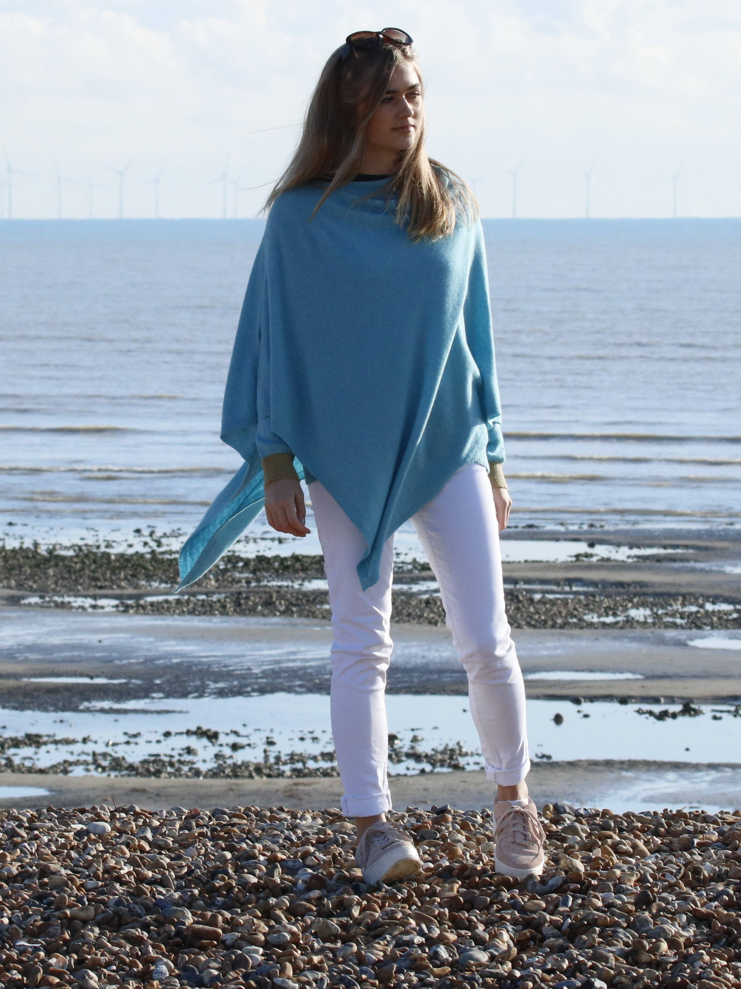 Lilac Classic Cashmere Blend Poncho over white pants