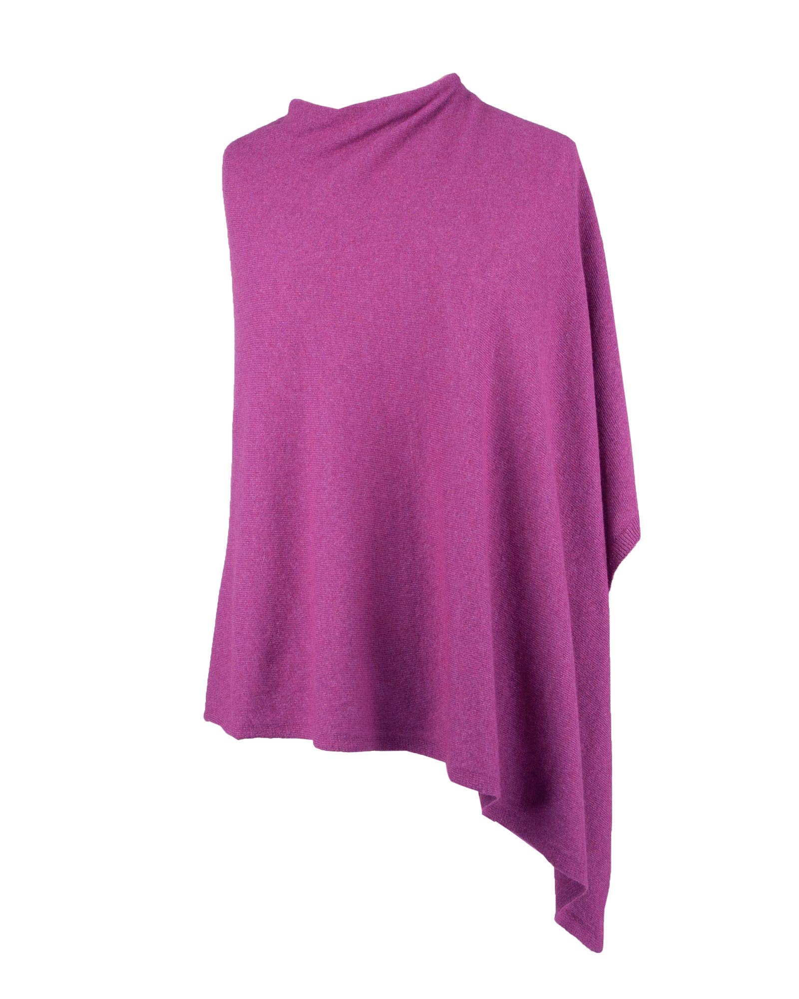 Vibrant lilac cashmere blend poncho with asymmetrical hem and high collar