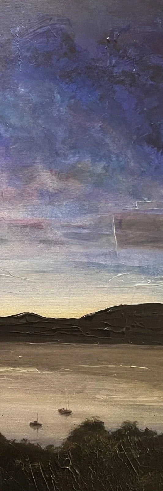 Serene Scottish lakeside dusk in textured oil triptych art