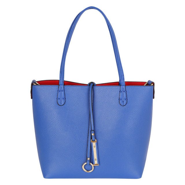 Cobalt & Red Reversible Tote Bag with Blue Pebbled Leather