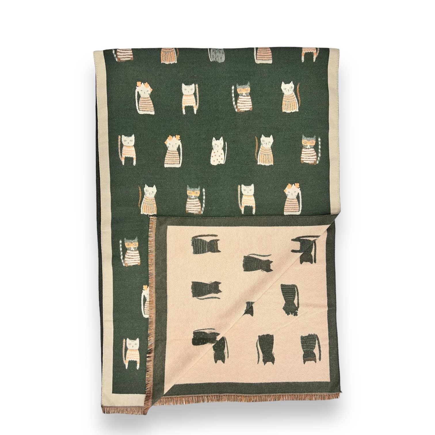 Colourful Cats prints on reversible Wool blend scarf: Khaki - Scarves! - Scotland