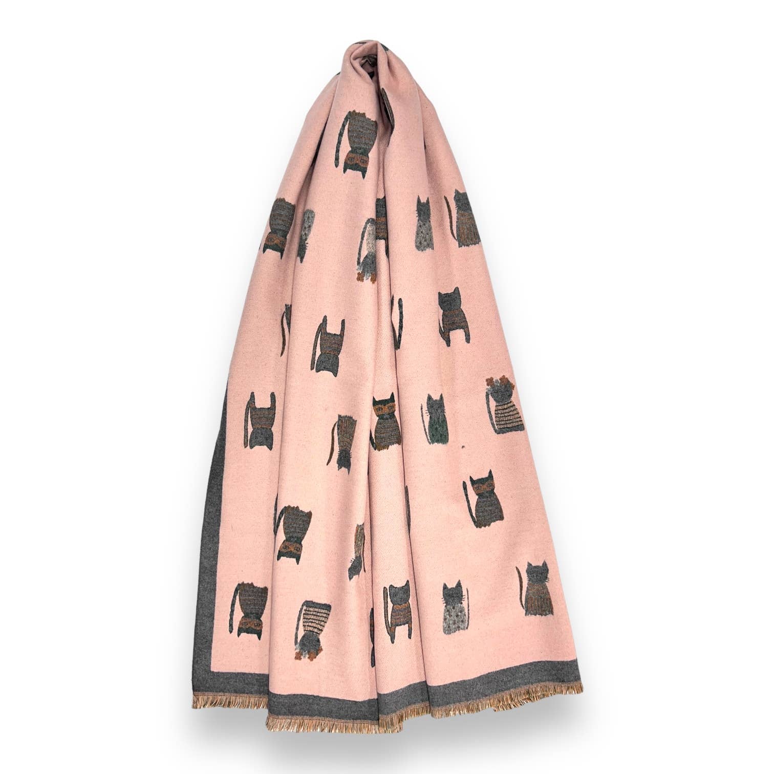 Colourful Cats prints on reversible Wool blend scarf: Khaki - Scarves! - Scotland