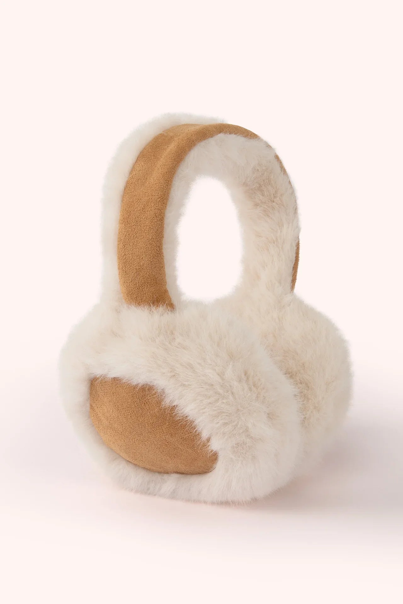 Cream faux fur ear muffs with tan suede accents