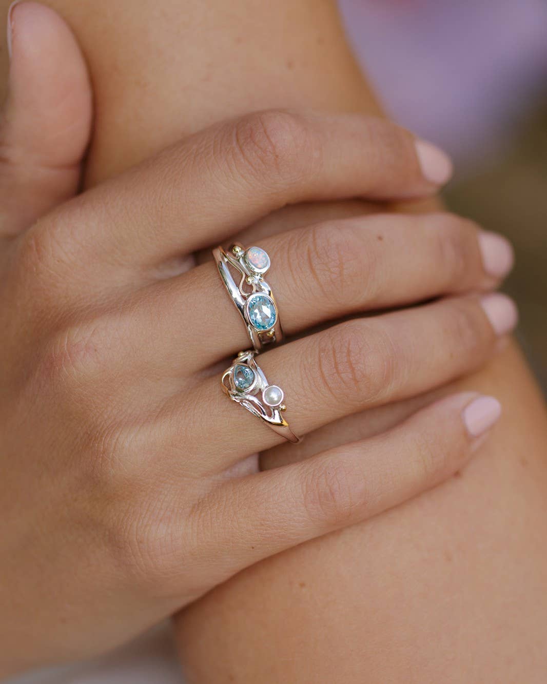 Blue Topaz & Opal Silver Ring N