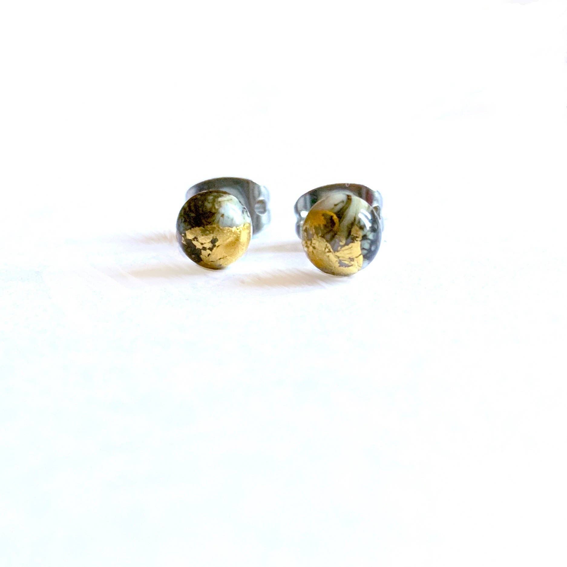 Stone Mini Marble Studs, Handmade Glass and Gold