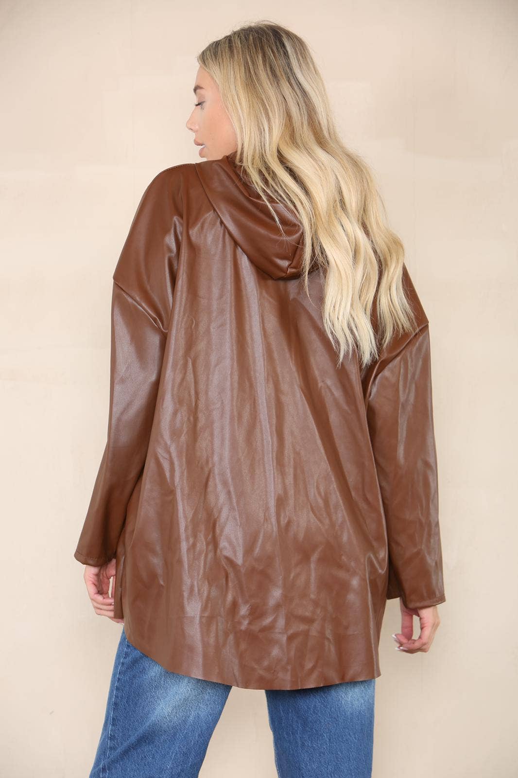 PU Leather Hooded Jacket: Black / One Size To Fit UK 8-20