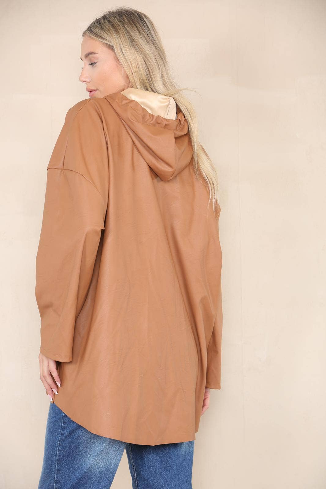 PU Leather Hooded Jacket: Cream / One Size To Fit UK 8-20