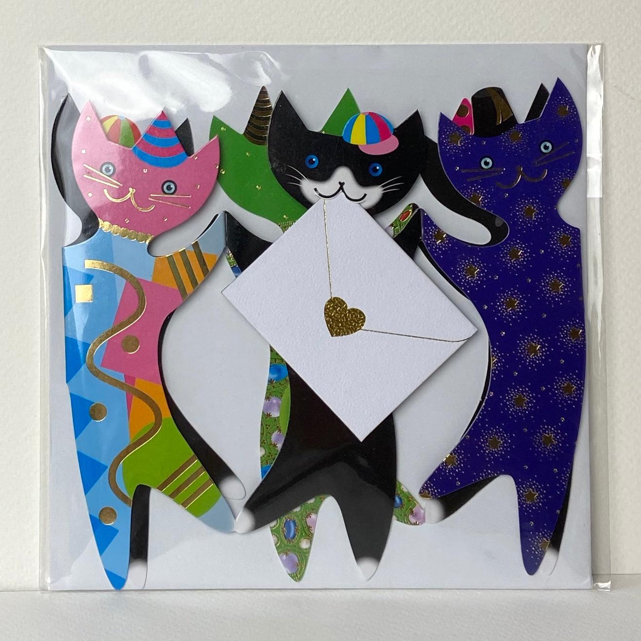 Dancing Party Cats greeting card with colorful glittery cats in hats