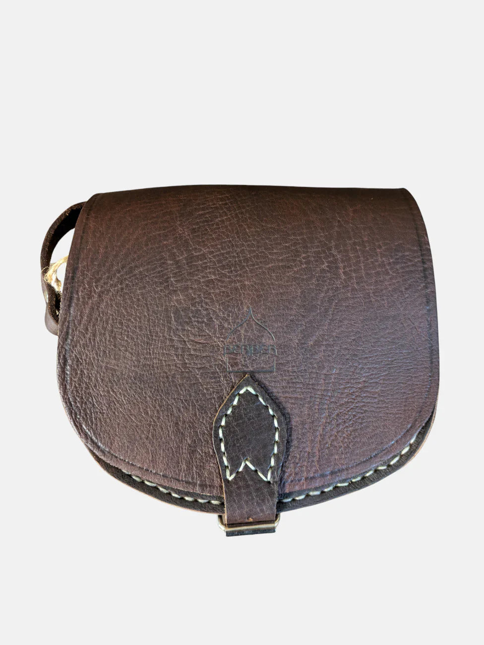 Dark brown half moon large saddle bag with white stitching and metal buckle