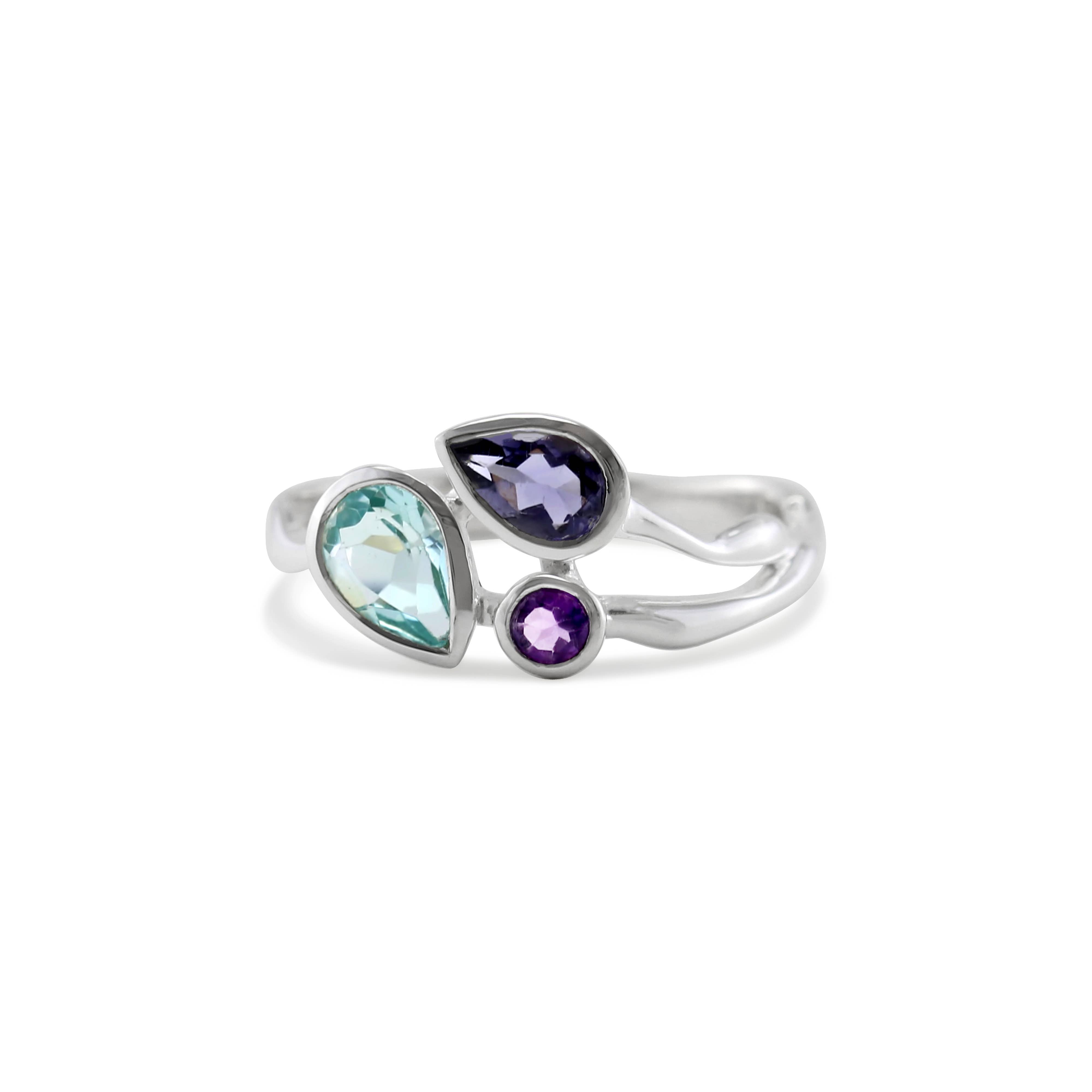 Blue Topaz Iolite and Amethyst Ring