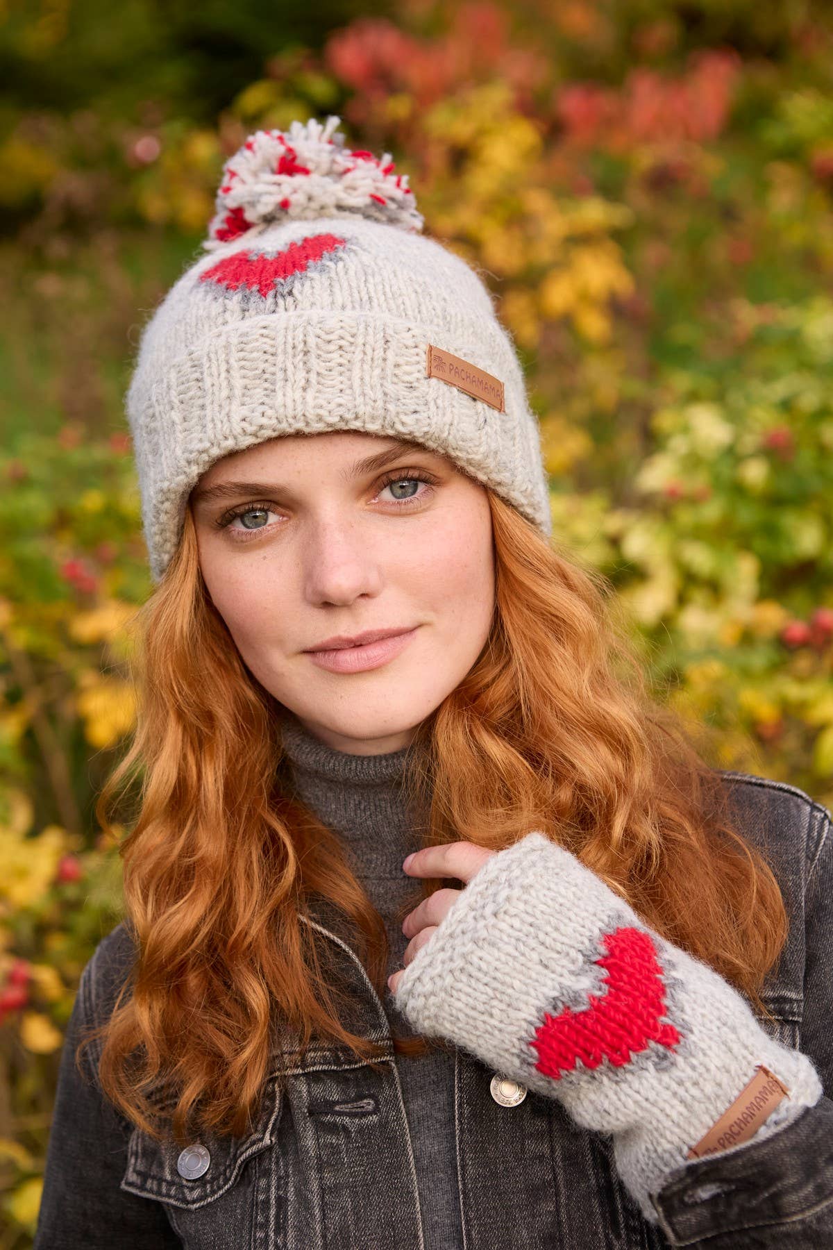 Heart - Natural Hand Knitted Wool Red Heart Fingerless Glove: One Colour