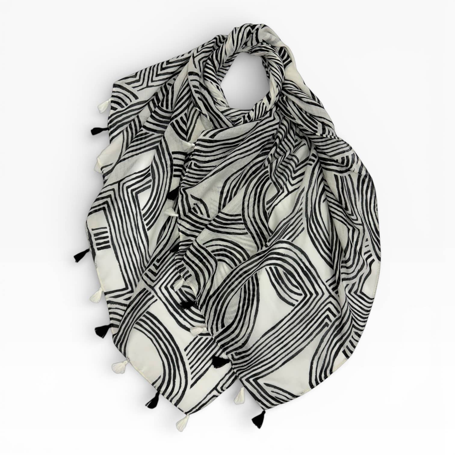 Abstract Line Print Tassel Scarf: Off-White