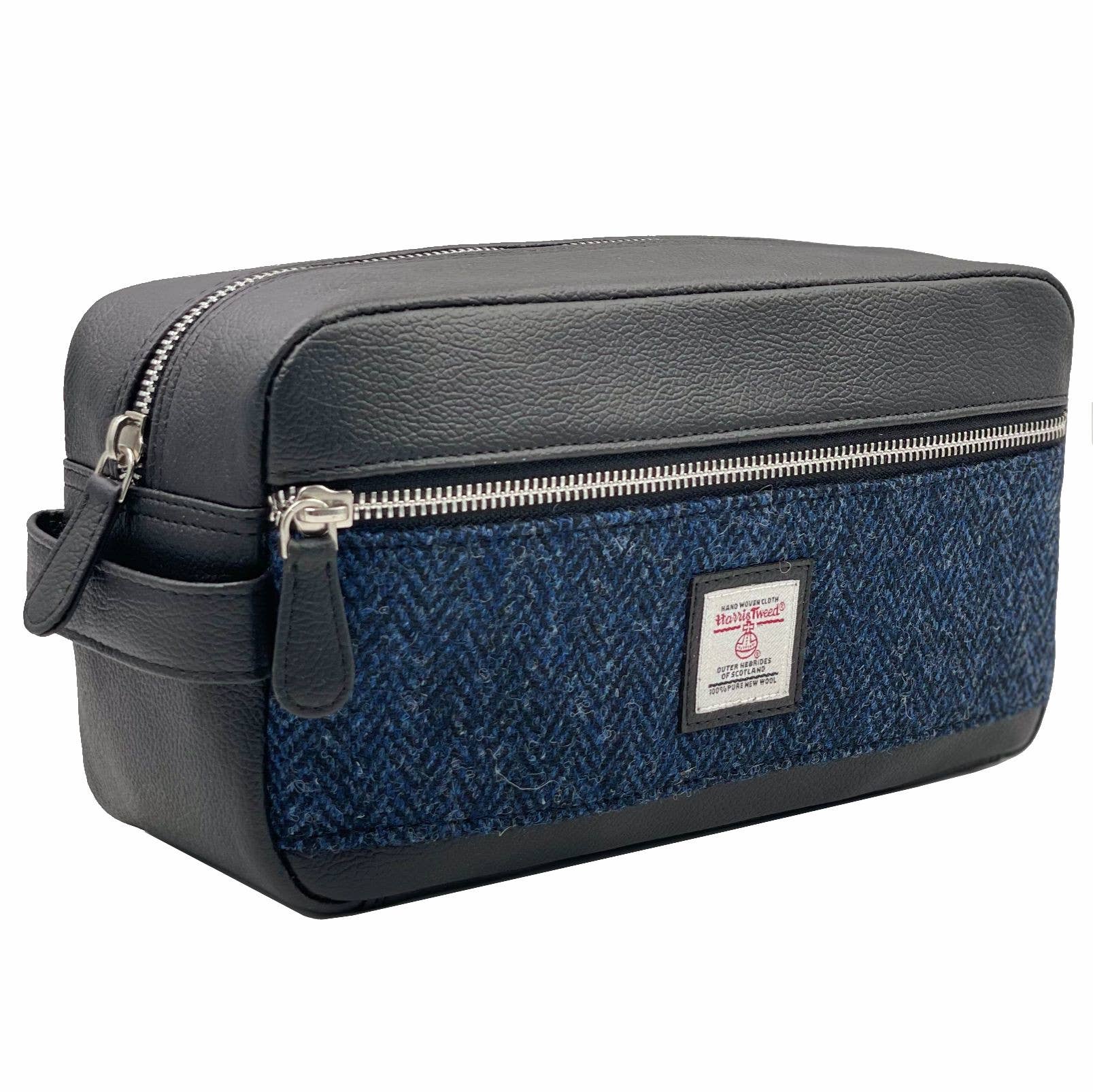 Harris Tweed Toiletry Bag Blue Herrinbone
