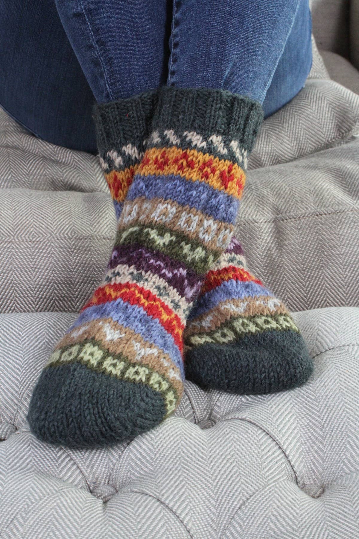 Elveden - Knitted Wool Earthy Green Fair Isle Sofa Socks: One Colour