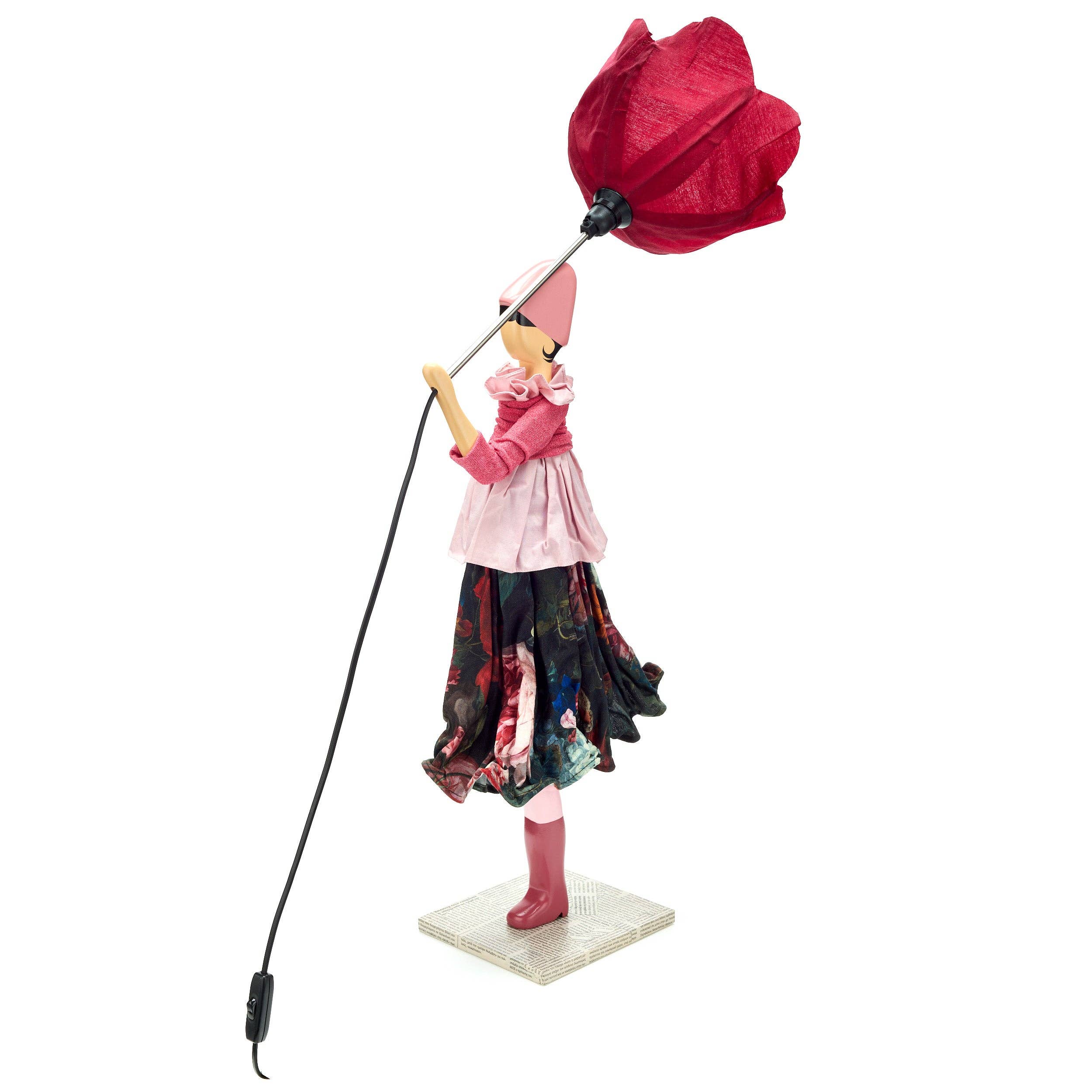 Dicentra Lady lamp: pink woman figurine with red umbrella on silver base