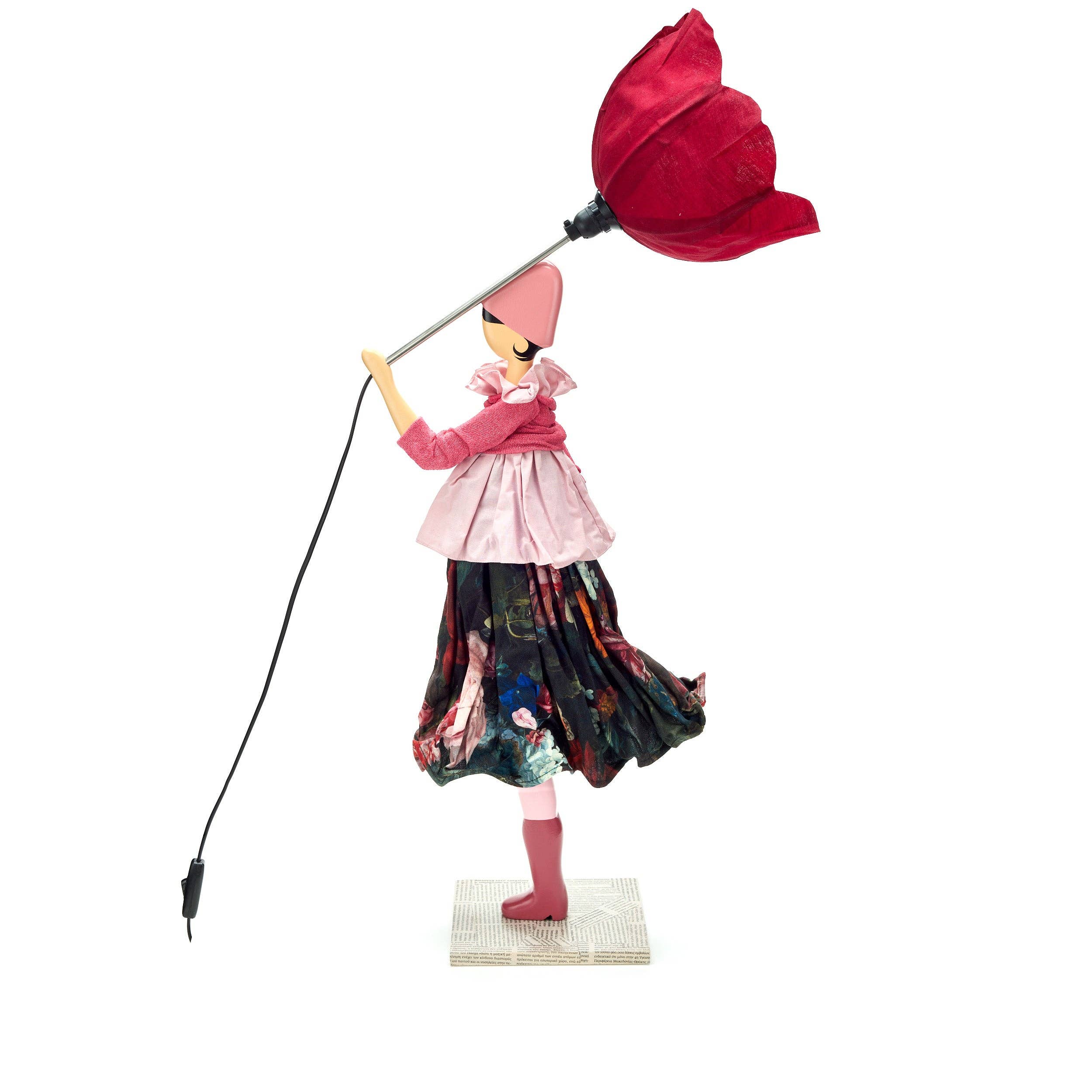 Whimsical Dicentra Lady lamp figurine: girl in pink holding red tulip light