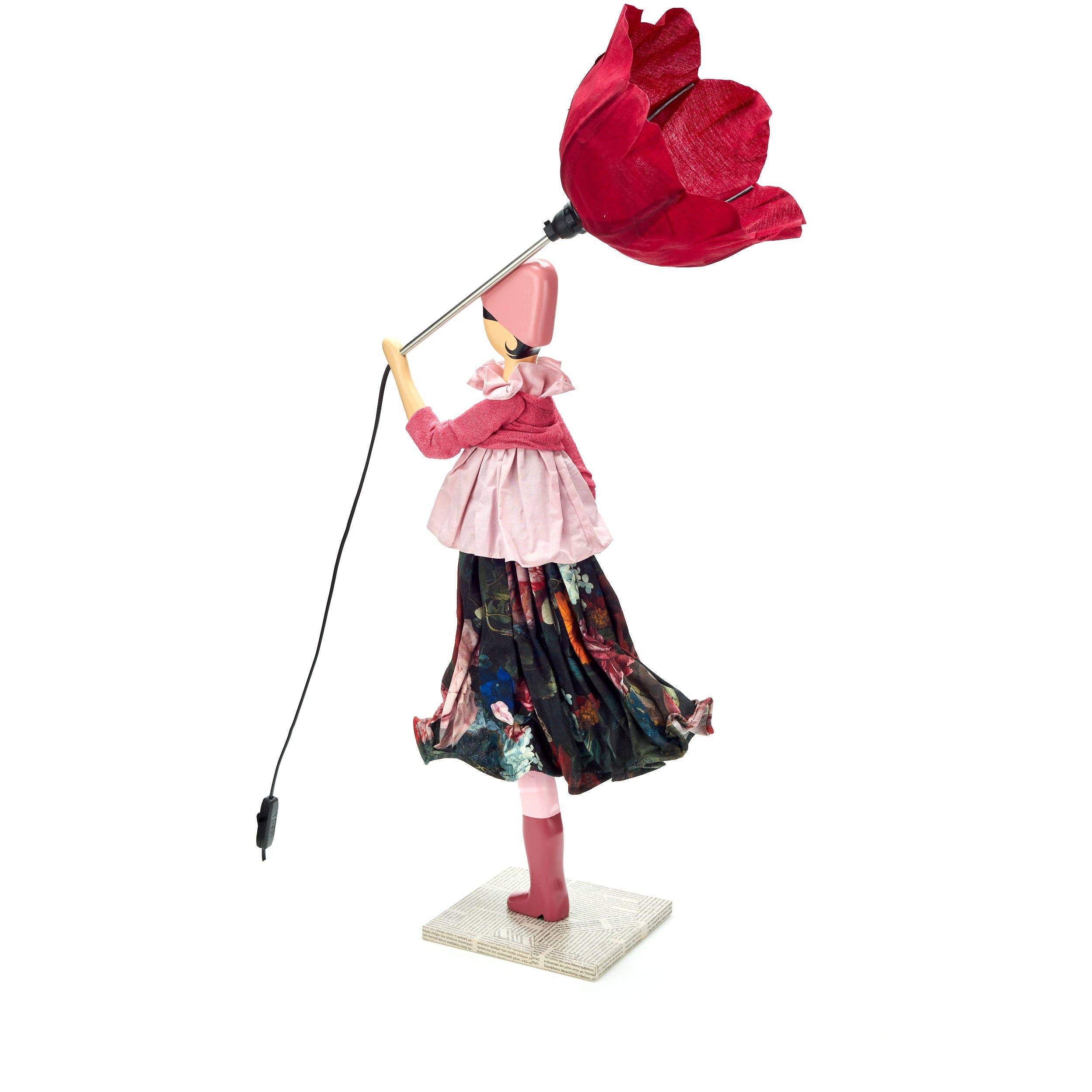 Dicentra Lady lamp: pink black floral figurine with red tulip shade