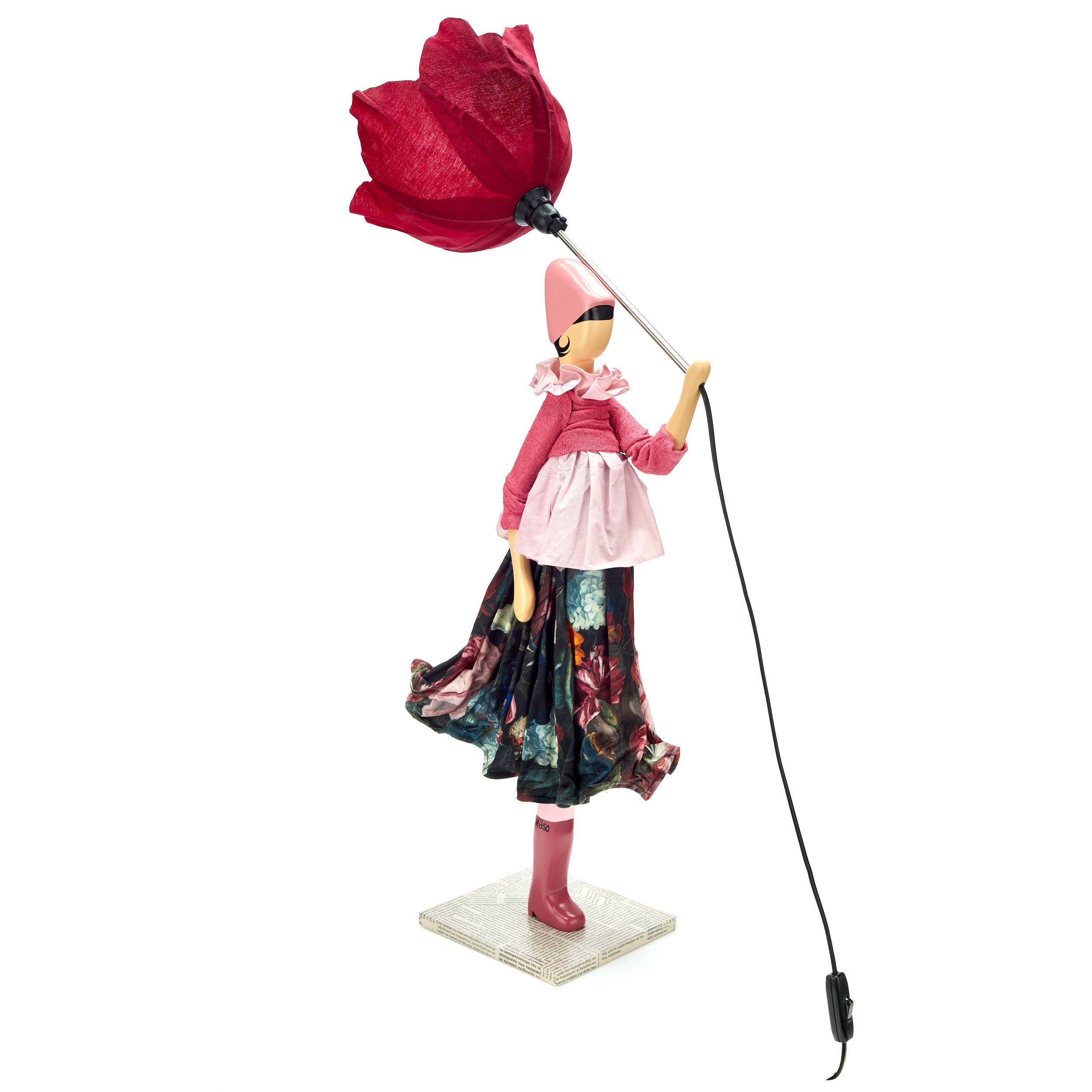 Dicentra Lady lamp with pink woman figurine holding red rose light
