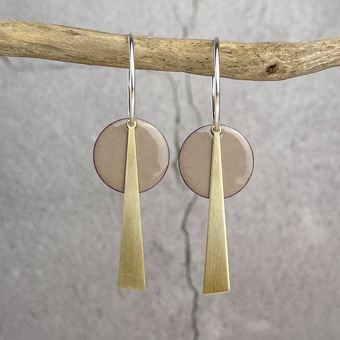 Dove Grey Geometric Earrings: Silver Brass Beige Disc Drop Design