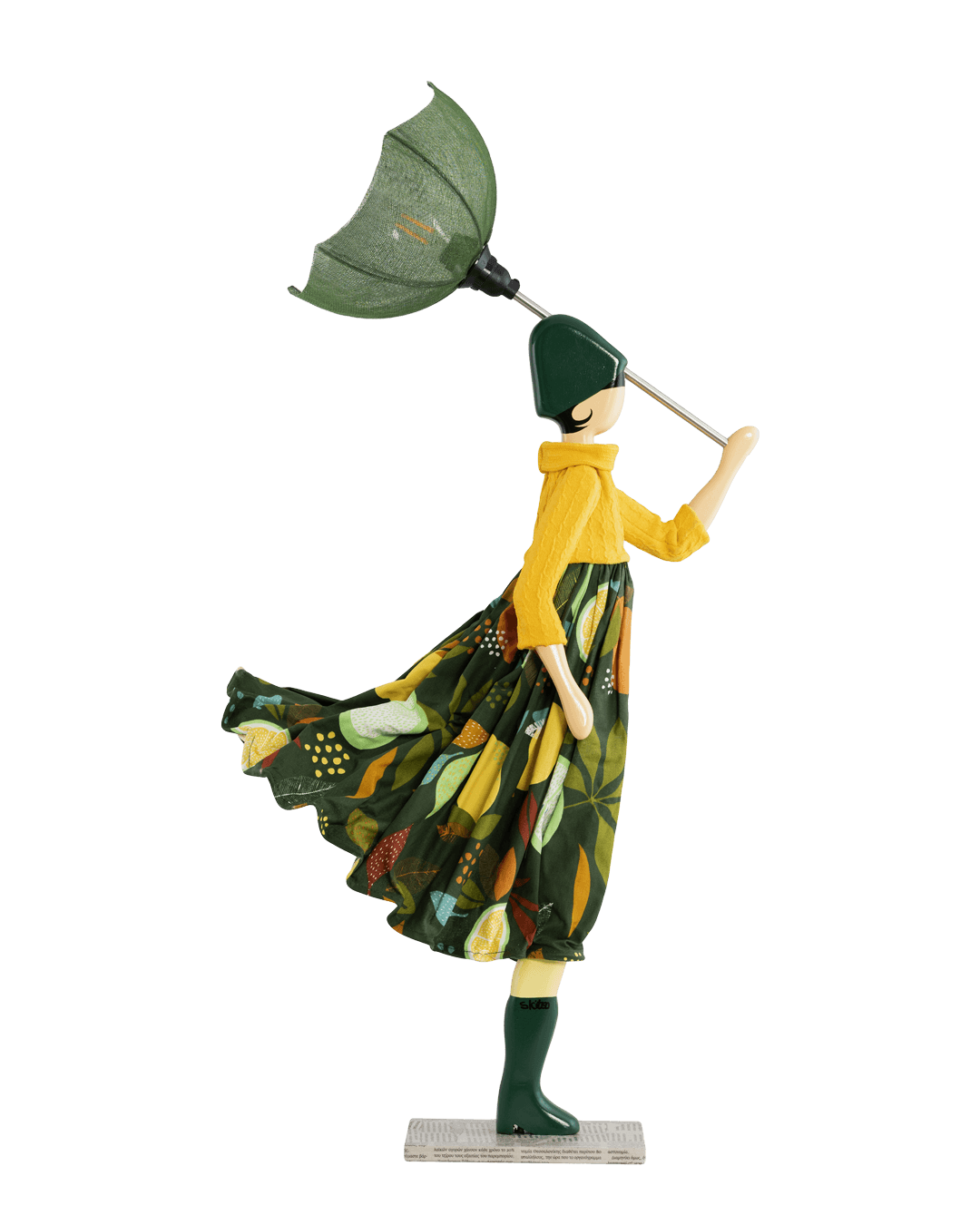 Mochita Lady Lamp: Woman figurine in yellow top, green skirt, holding green umbrella