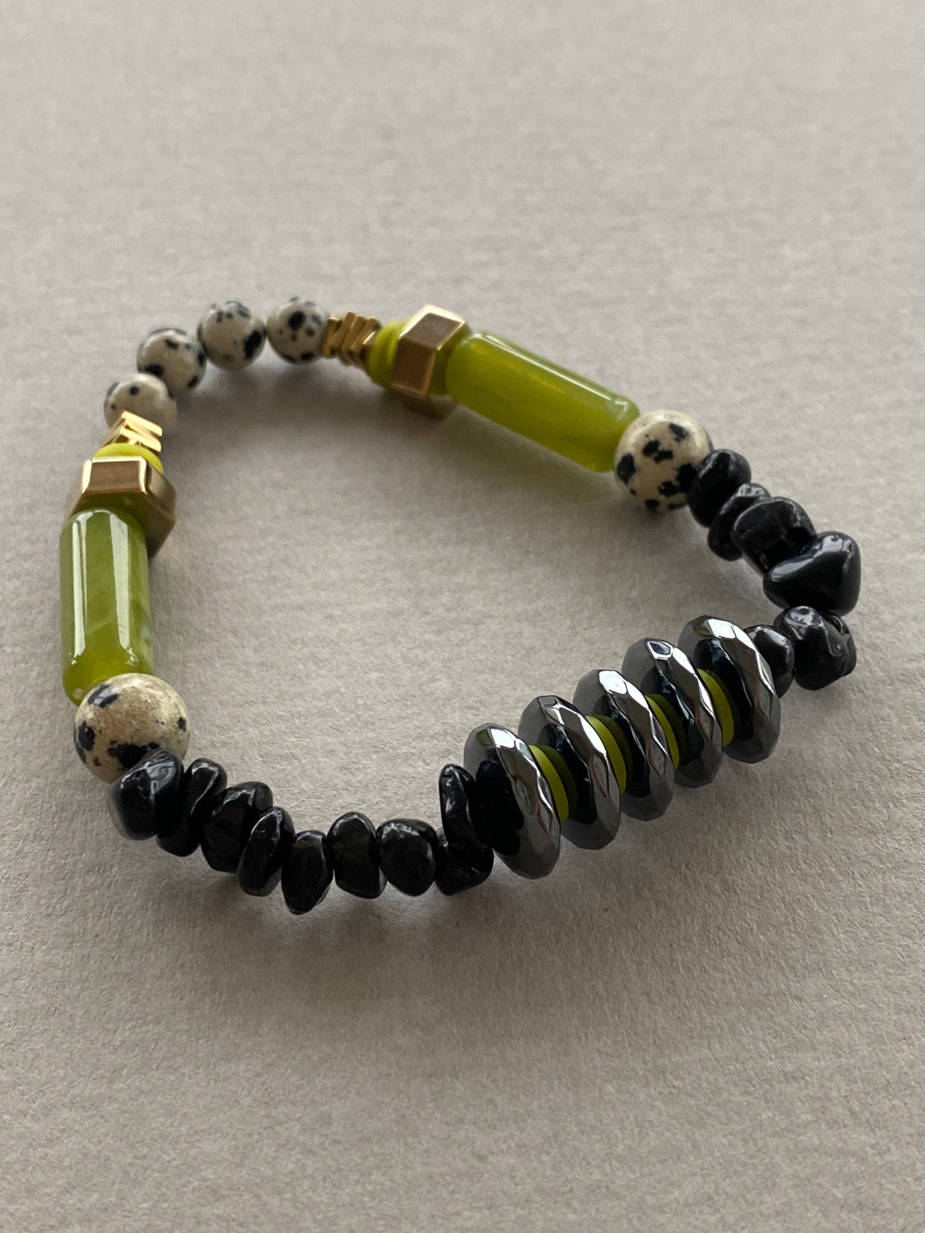 HILB05 - Dalmation jasper, clay, hematite, acrylic, clay and Obsidian gemstones bracelet