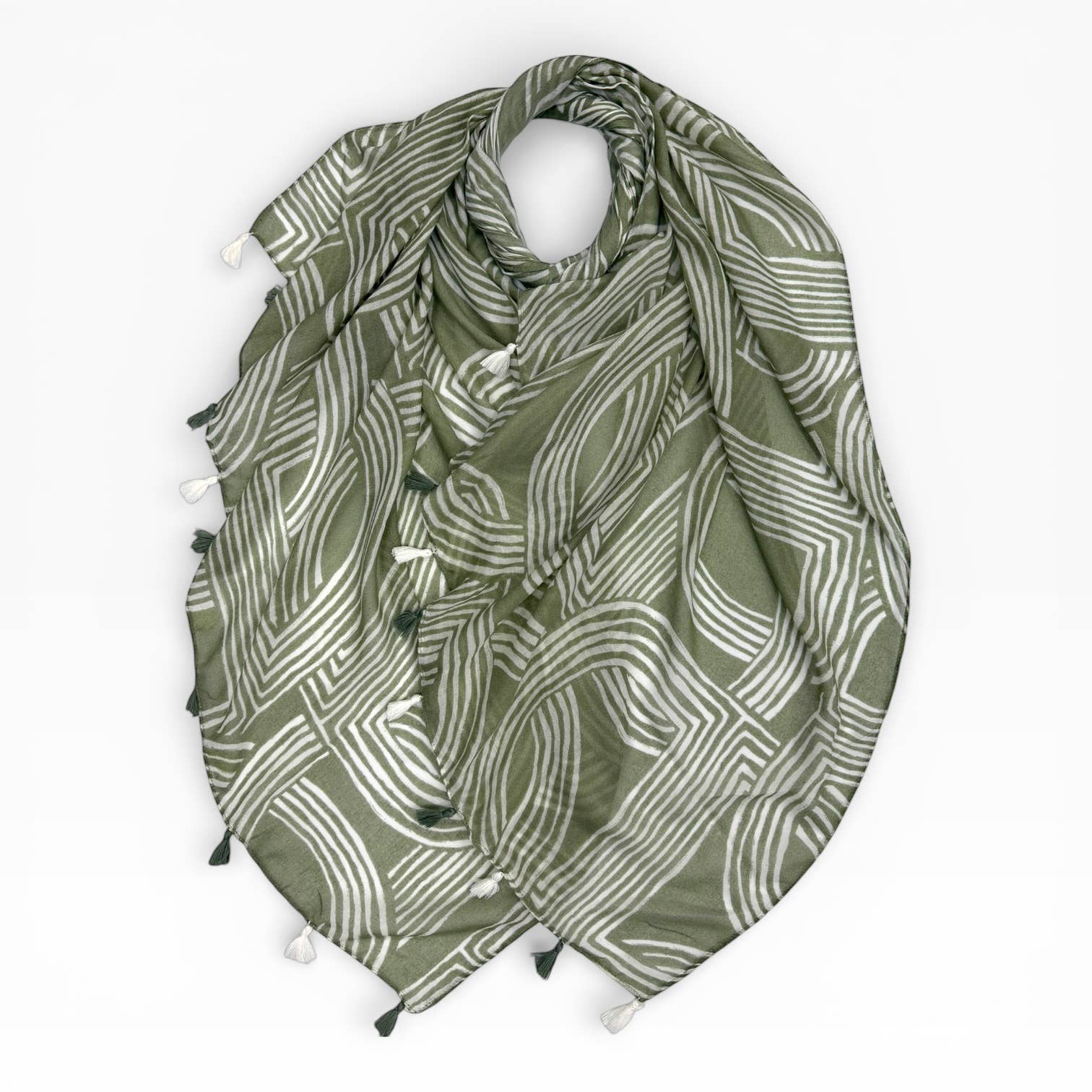 Abstract Line Print Tassel Scarf: Sage