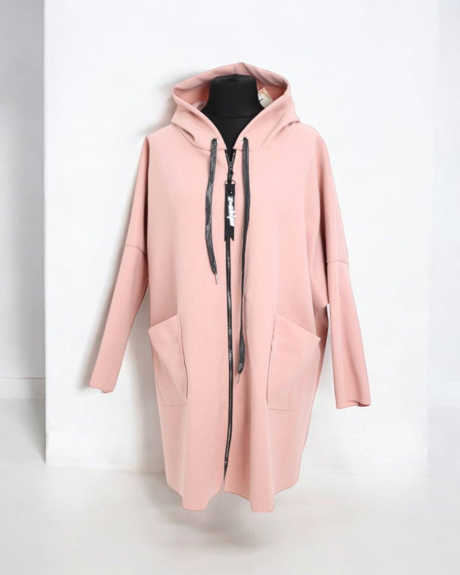 Italian Oversized Longsleeve Zip Up Drawstring Hooded Jacket: Beige / One Size To Fit UK 8-22