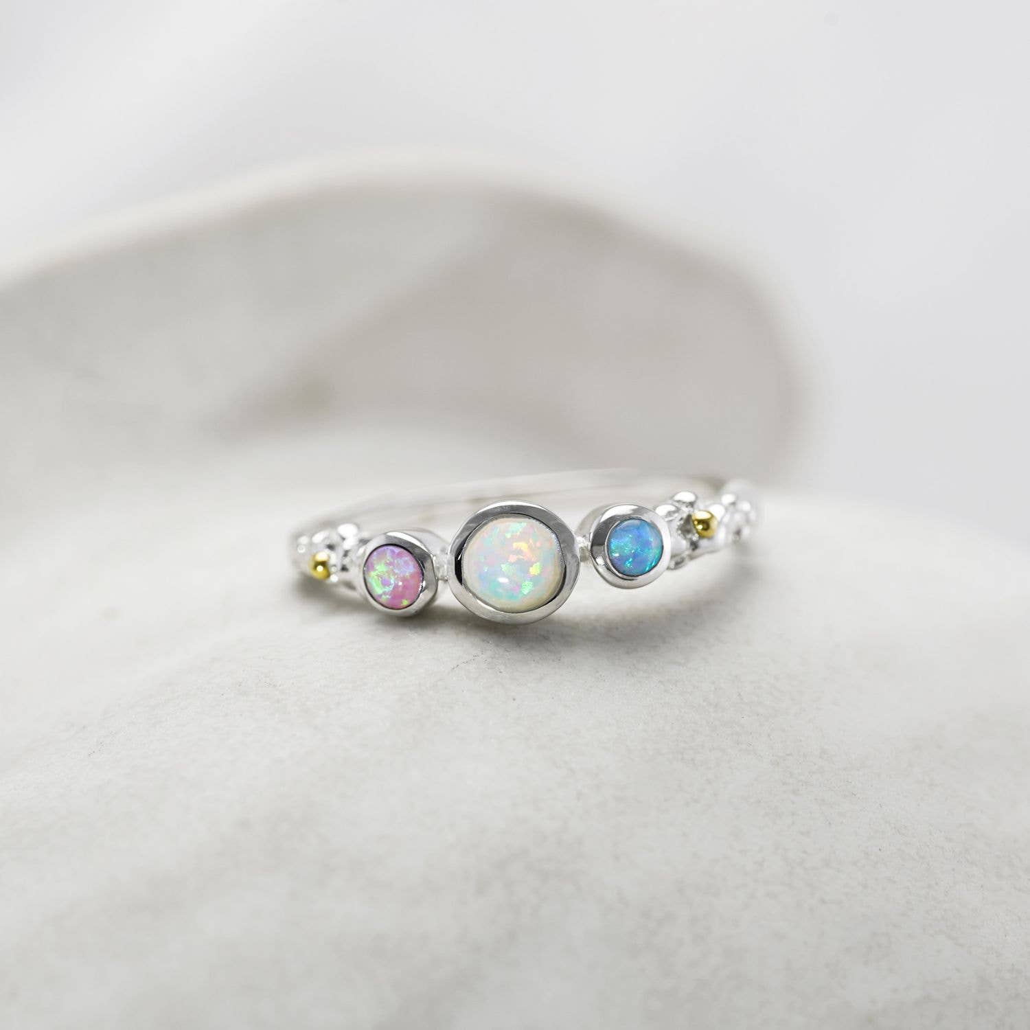 Handmade Sterling Silver Dainty Three Opalite Ring: S