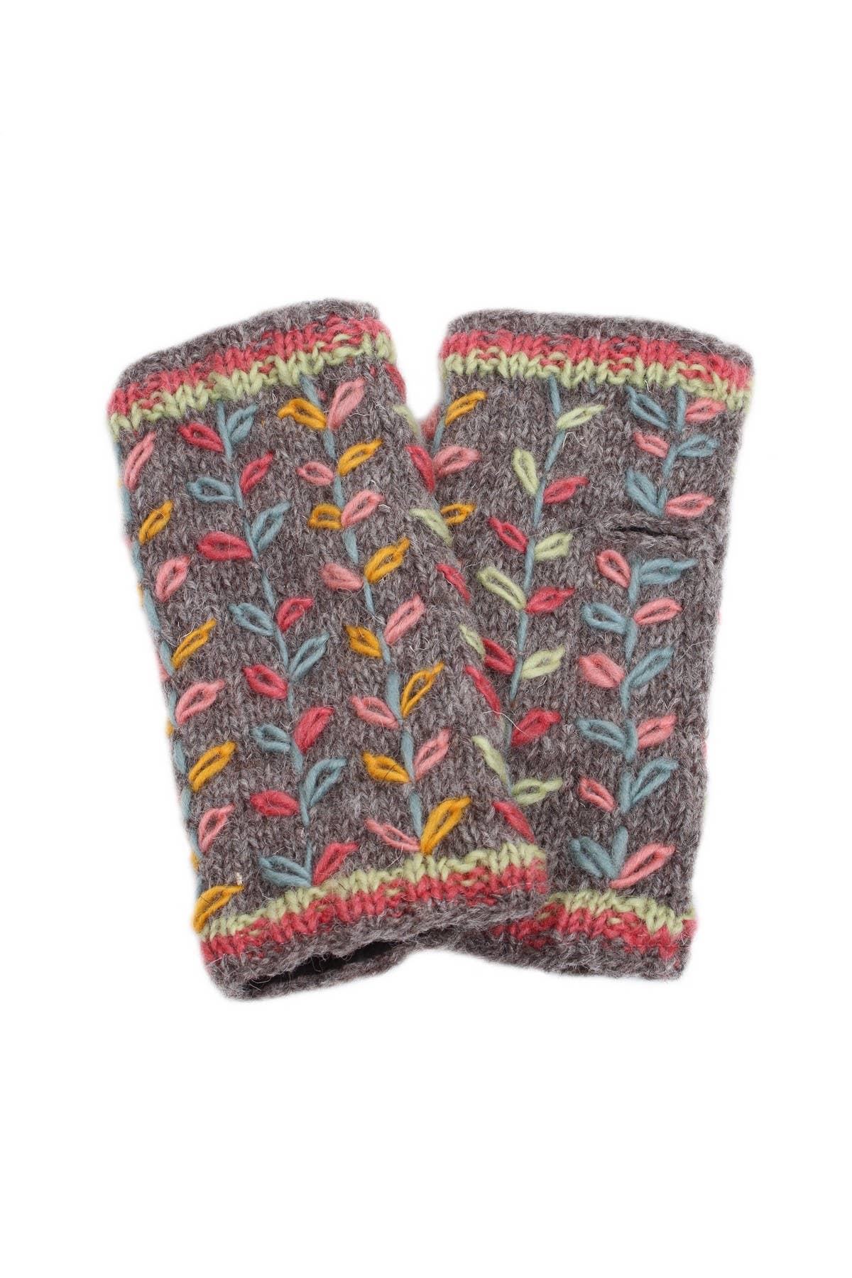 Kylemore Embroidered Leaf Wool Knit Fingerless Gloves Grey: Grey