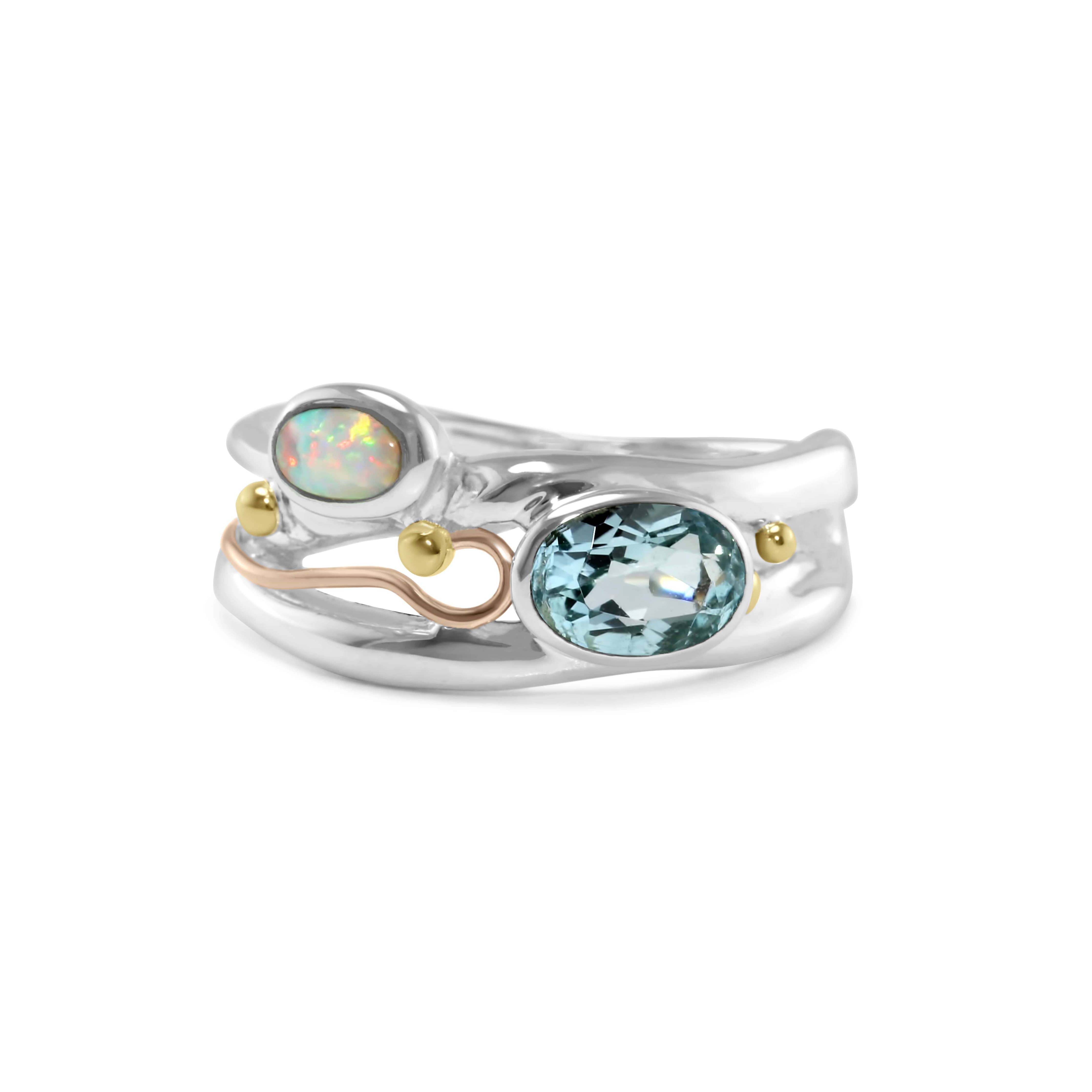 Blue Topaz & Opal Silver Ring N